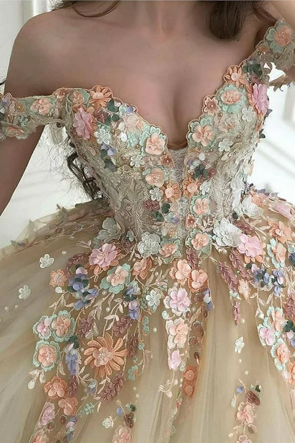Elegant Off Shoulder Floral A-Line Prom Dress with 3D Flowers - Formal Party Gown for Sweet 16, Homecoming, Ball & Special Occasions - Style J5040