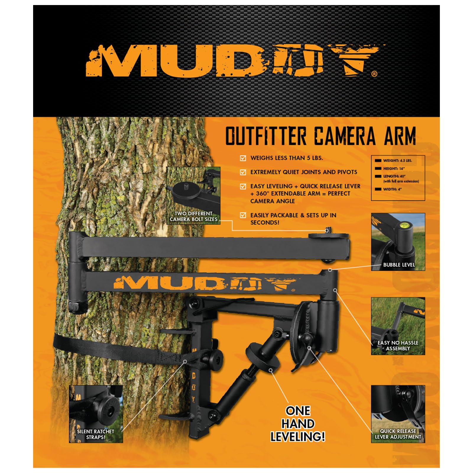 MUDDY Outfitter Adjustable Camera Arm for Hunting & Wildlife Photography - Perfect for Trail Cameras, Scouting, and Outdoor Adventures