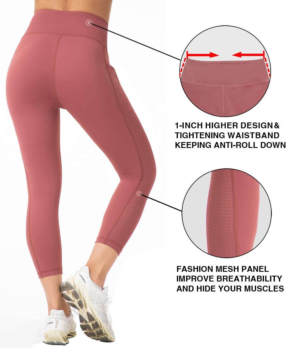 RAYPOSE Women's High Waist Workout Leggings with Pockets - Plus Size Gym Yoga Capri Pants with Mesh Cut Out Design for Running, Training & Lounge Wear