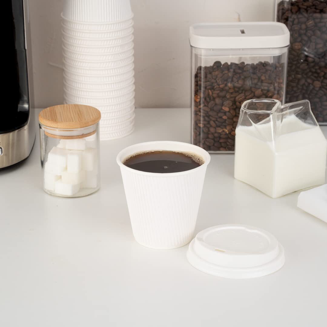 8 oz Insulated Coffee Cups with Lids - 20 Pack Leakproof Disposable Hot Cups for Tea, Hot Chocolate & Lattes | Restaurantware White Paper Ripple Wall Design | Perfect for Coffee Shops, Offices & Catering Events