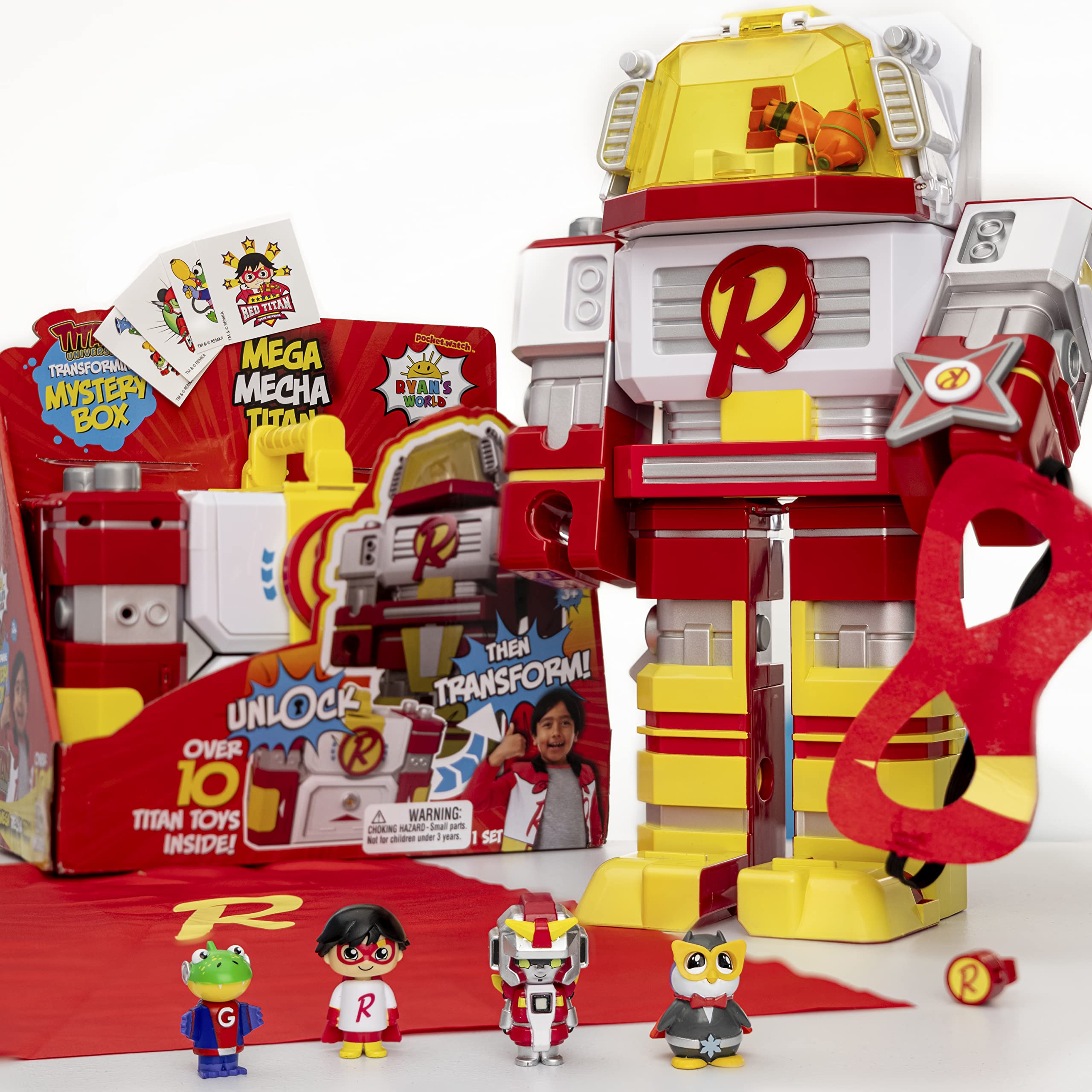 Ryan's World Mega Mecha Titan Robot - Transforming Chest to Red Titan Robot | 5 Micro Figures, Spinner, Wearable Eye Mask & Cape, Stickers Included | Perfect for Kids' Playtime, Birthday Gifts & Action Figure Collectors