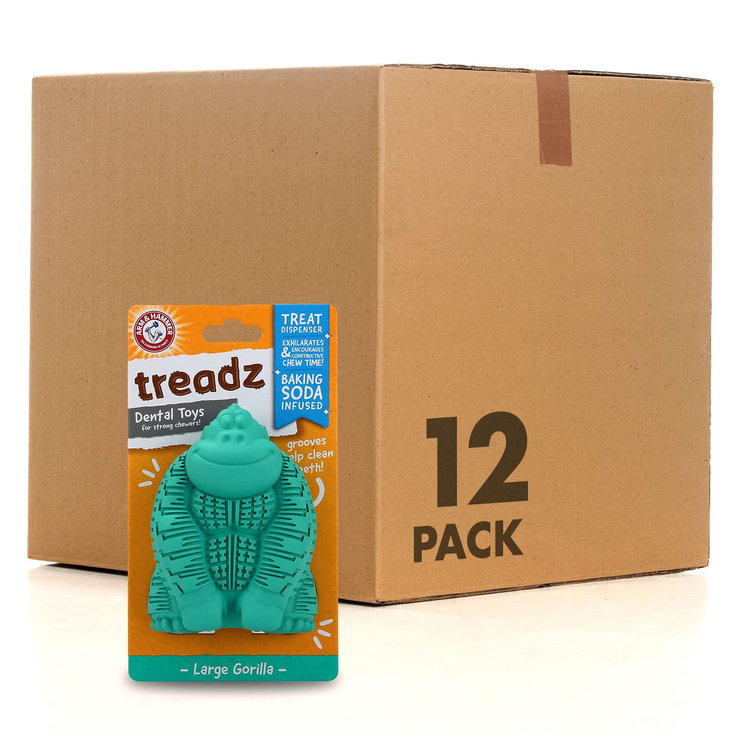 Arm & Hammer for Pets Super Treadz Gorilla Dental Chew Toy for Dogs - 12 Pack Plaque & Tartar Control Chew Toys for Small to Medium Dogs up to 35 lbs - Durable Rubber Dog Teeth Cleaning Toy for Puppy Dental Health - Perfect for Playtime, Teething Relief & Oral Hygiene Maintenance