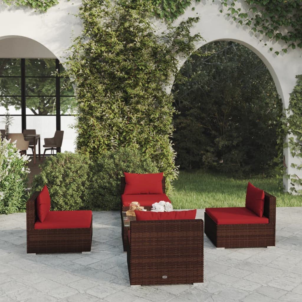vidaXL 5-Piece Patio Lounge Set - Durable Poly Rattan Outdoor Furniture with Weather-Resistant Cushions & Modular Design, Brown - Perfect for Backyard, Garden, Poolside or Terrace Relaxation