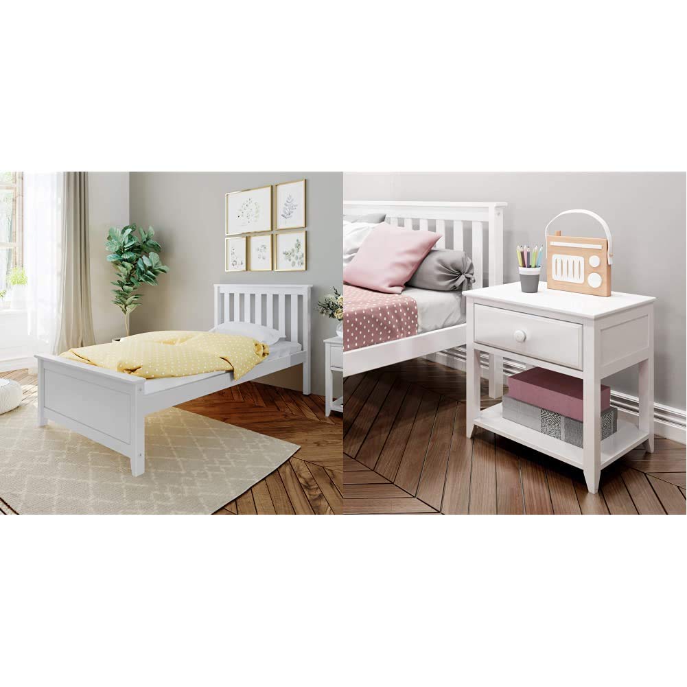 Max & Lily Twin Size White Solid Wood Bed Frame with Matching Nightstand - Perfect for Kids' Bedrooms, Guest Rooms & Cozy Spaces