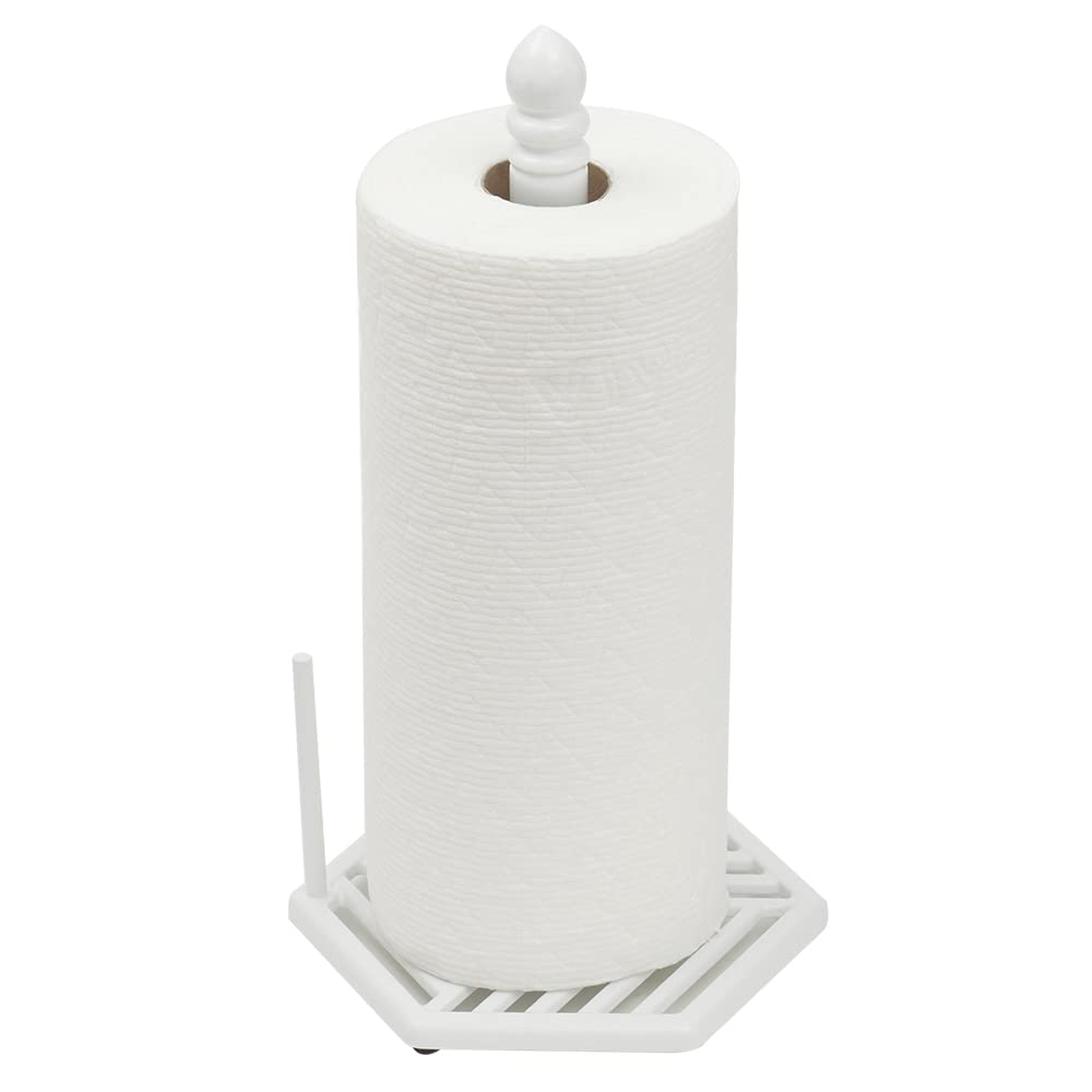 Hexagonal White Kitchen Paper Towel Holder with Tear-Arm & Non-Slip Feet - Modern Countertop Towel Dispenser for Home & Restaurant Use | Home Basics