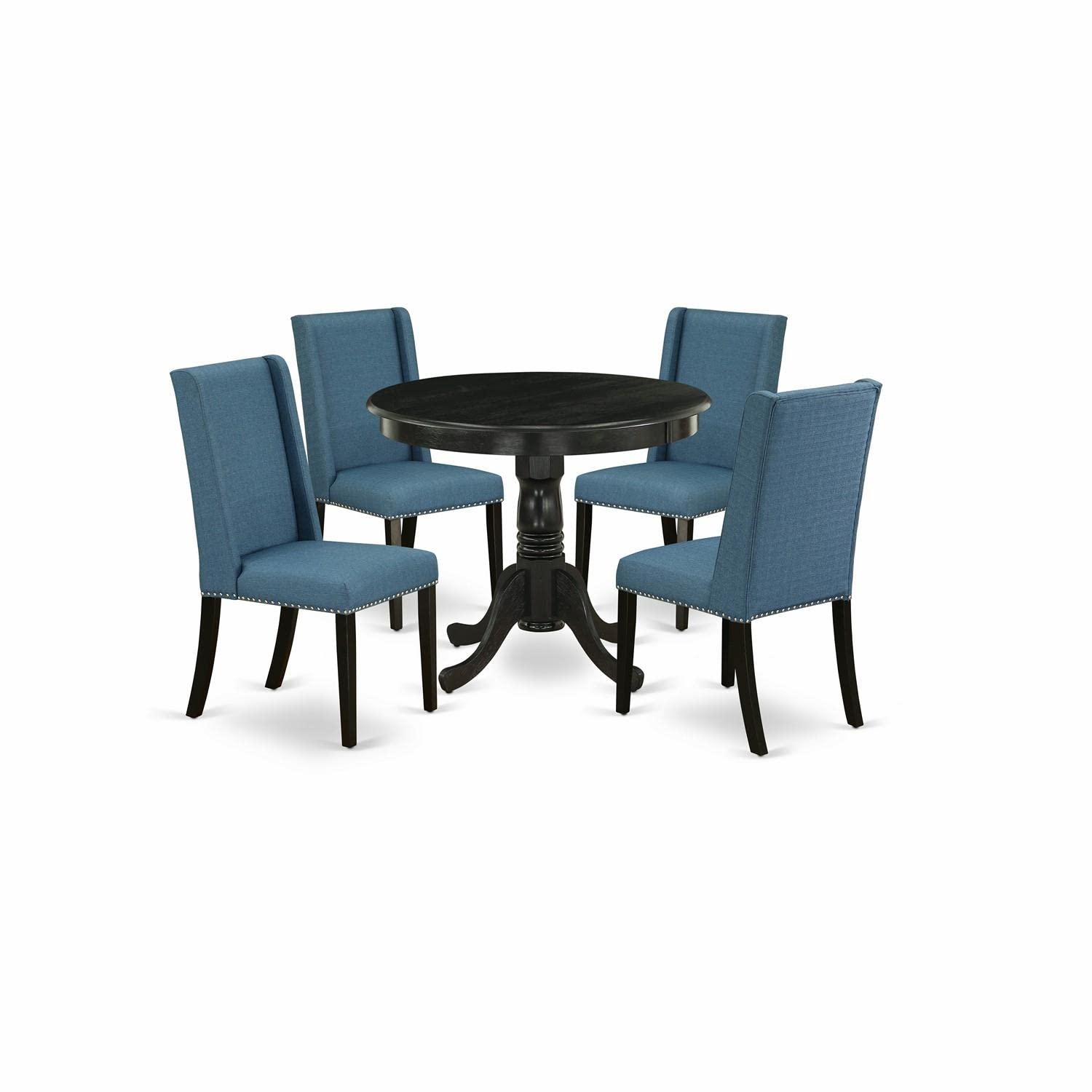 East West Furniture 5-Piece Round Dining Table Set for 4 - 36x36 Inch Wirebrushed Black Kitchen Table with Pedestal Base & 4 Blue Linen Fabric Parsons Chairs | Perfect for Small Kitchens, Breakfast Nooks, and Apartment Dining Areas