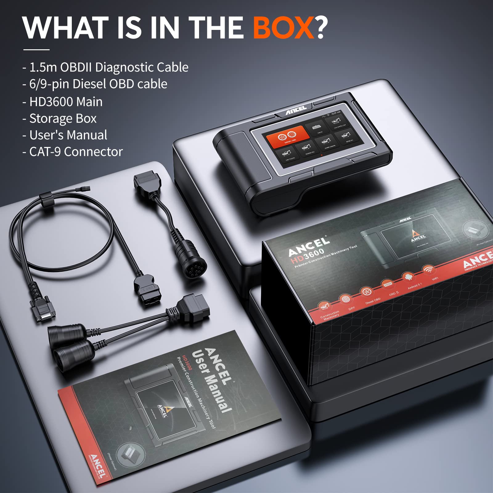 ANCEL HD3600 Heavy Duty Diesel Diagnostic Tool for Construction Machinery - Waterproof & Shockproof with Large EVA Protective Storage Case | Ideal for Excavators, Bulldozers & Heavy Equipment Maintenance