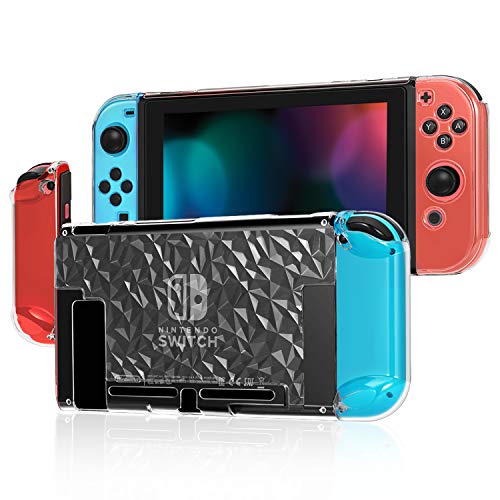 Dockable Hard Case for Nintendo Switch with 6 Thumbstick Caps - Clear Shockproof Protective Cover for Nintendo Switch Console & Joy-Con Controllers - Anti-Scratch Diamond Design for Gaming & Travel Protection