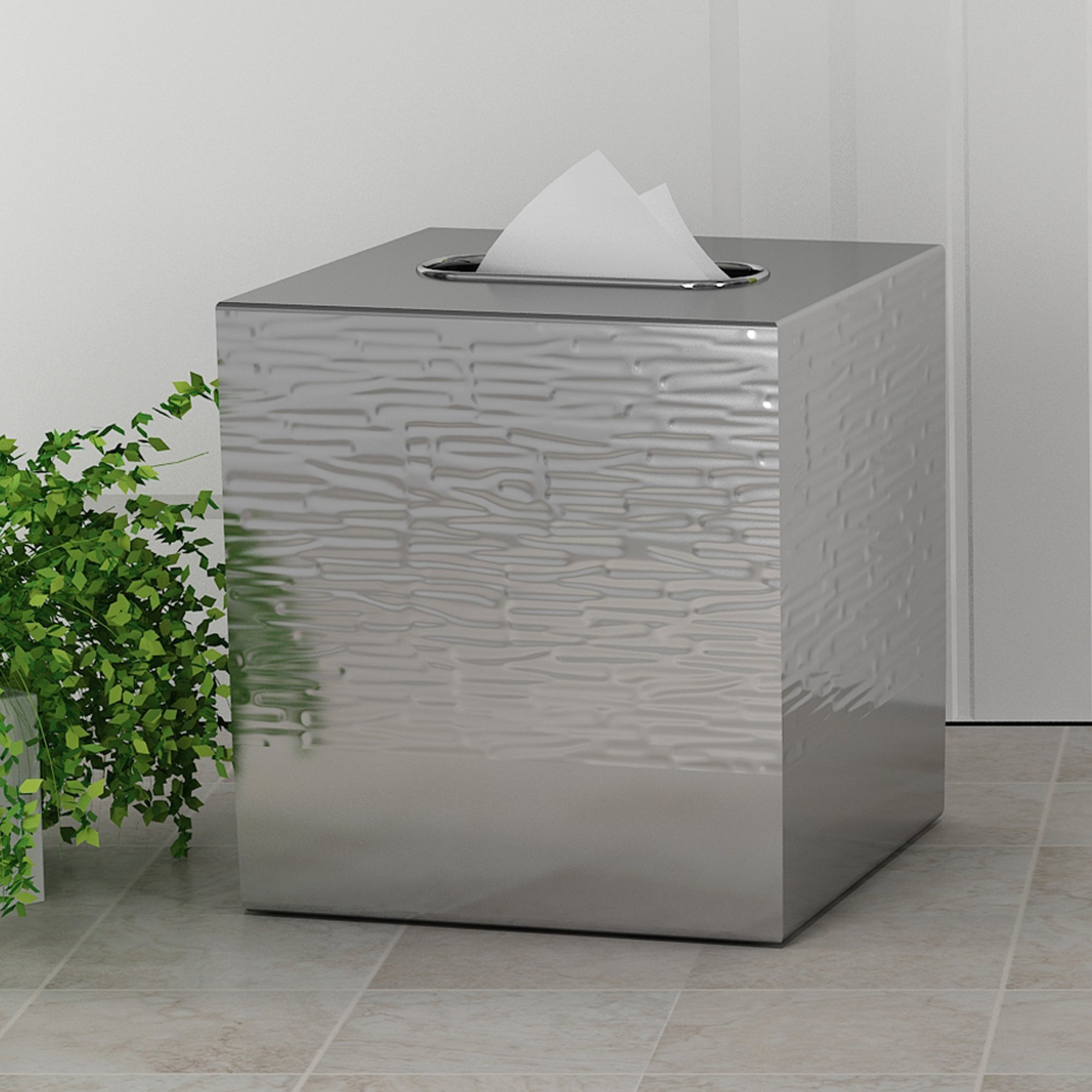 Stainless Steel Square Facial Tissue Box Cover - Modern Metal Tissue Holder for Bathroom Vanity, Bedroom Dresser, Nightstand, Desk & Table Decor (Shiny/Hammered Finish) - Perfect for Home, Office & Hotel Use