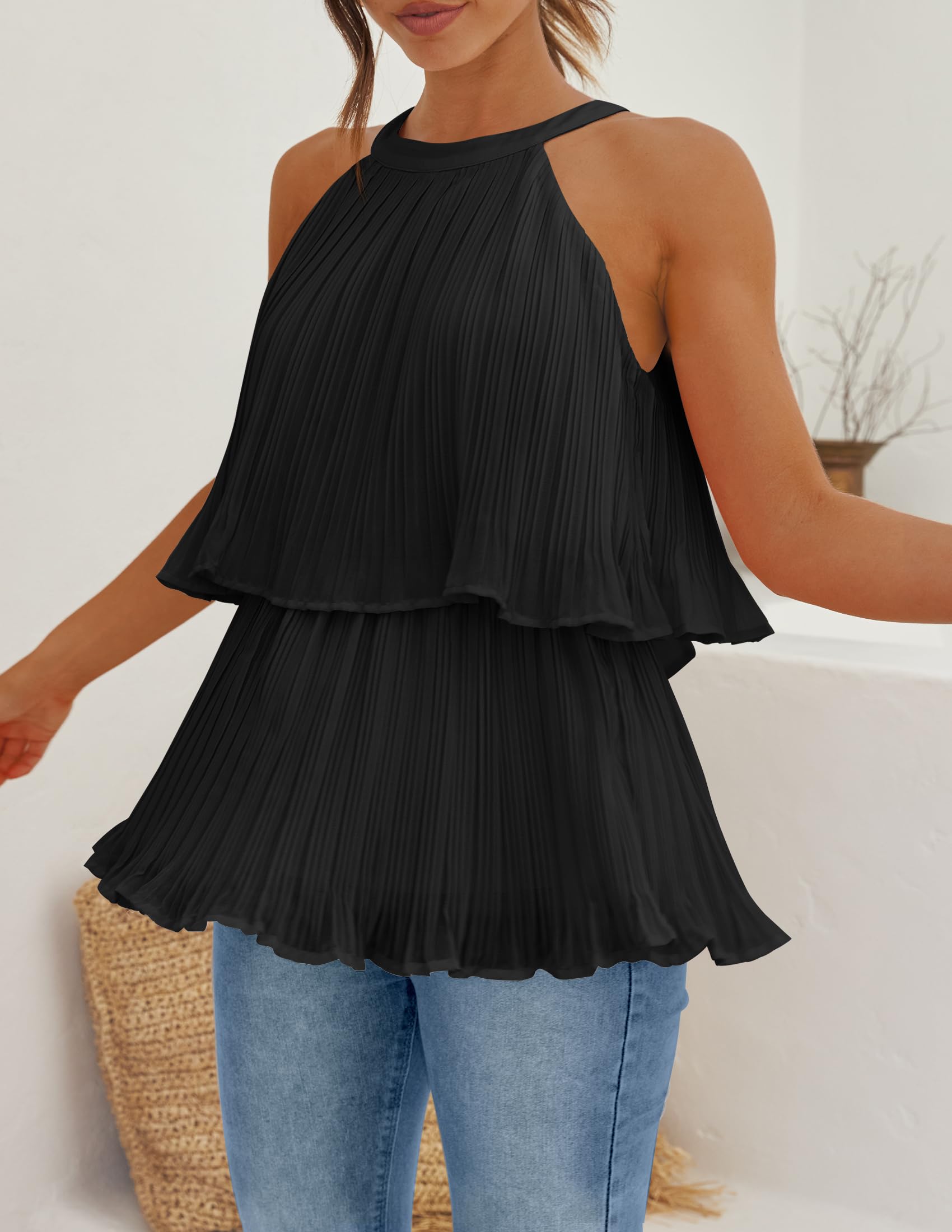 ZESICA Women's Summer Halter Tank Tops - Casual Sleeveless Ruffle Tiered Layered Chiffon Flowy Blouse Shirts for Beach, Vacation & Outdoor Activities