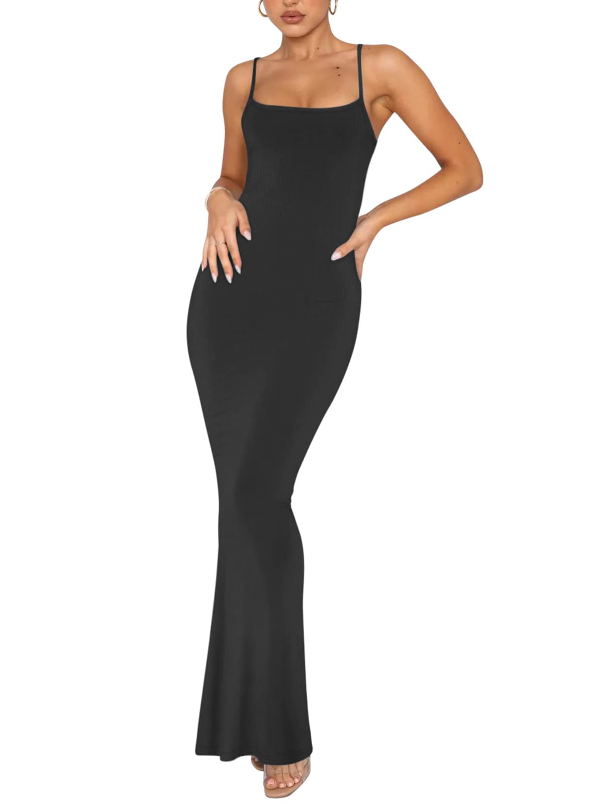 REORIA Women's Sexy Long Sleeveless Backless Ribbed Bodycon Maxi Dress - Elegant Lounge Slip Dress for Night Out, Party, Date Night & Special Occasions