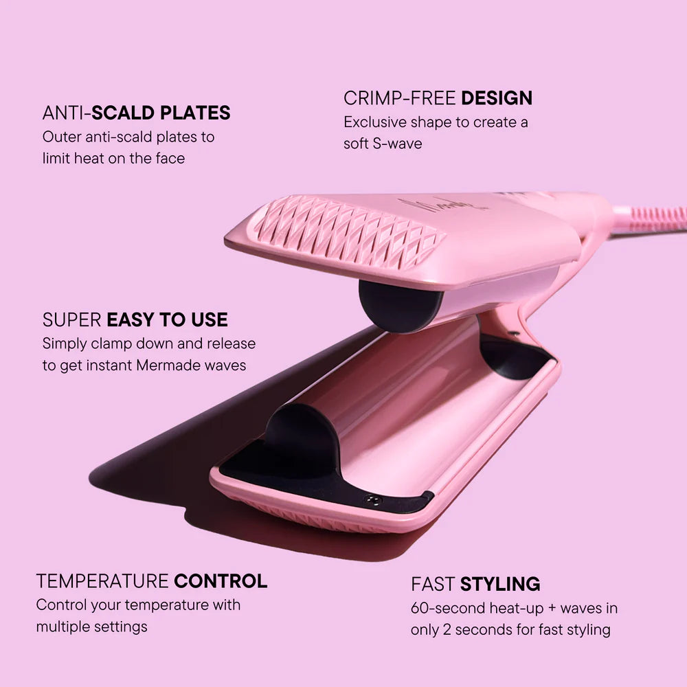 Mermade Hair Pink Double Waver - Professional 2-in-1 Curling Iron for Beach Waves & Loose Curls | Perfect for Parties, Weddings & Everyday Styling