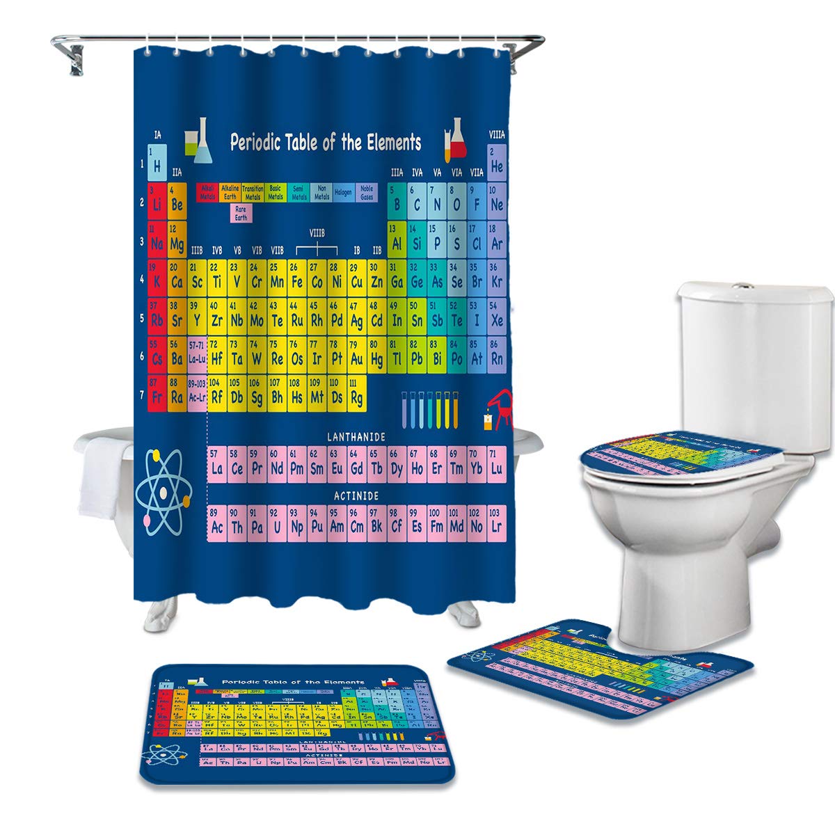 4 Pcs Periodic Table of Elements Shower Curtain Set - Waterproof Bathroom Decor with Non-Slip Rugs, Toilet Lid Cover & Bath Mat - 66x72 Inch Colorful Science Theme for Kids & Teens Bedroom or Dorm