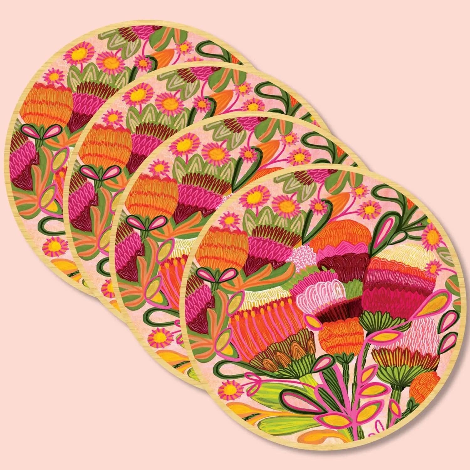 Wild Blooms Wooden Coasters and Napkin Set - 4-Piece Natural Wood Drink Coasters with Matching Napkins for Home, Kitchen, Dining Table, and Party Decor