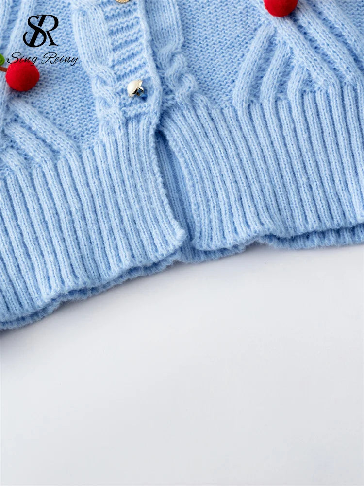 3D Cherry Print O-Neck Long Sleeve Pearl Button Knit Sweater for Women - Cozy Winter Pullover for Casual Wear & Office Outfits