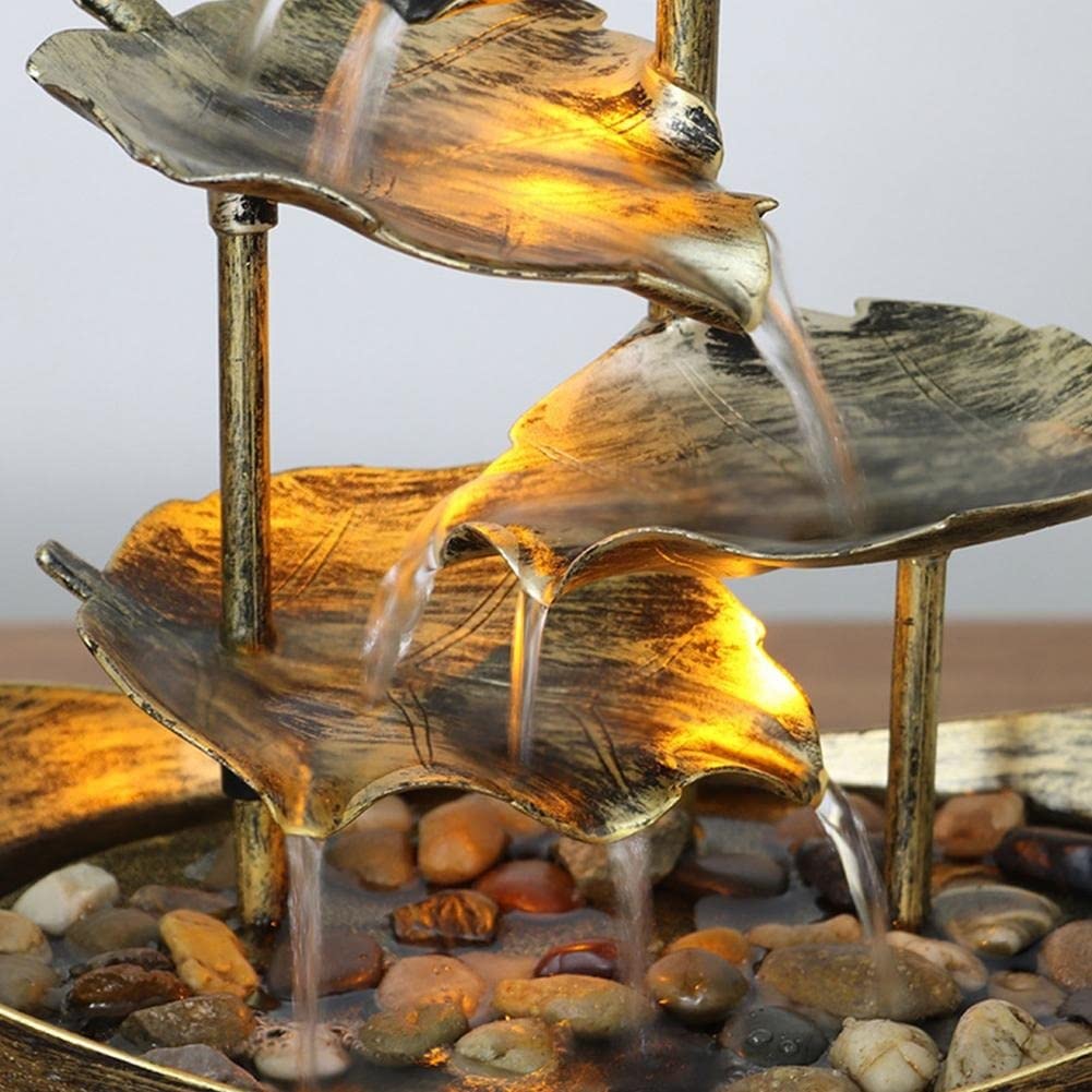 Gold Desktop Water Fountain Lamp - Decorative Tabletop Fountain with LED Lights, Lotus Leaf Design for Home, Office, Porch & Meditation Spaces | Relaxing Indoor Waterfall Decor
