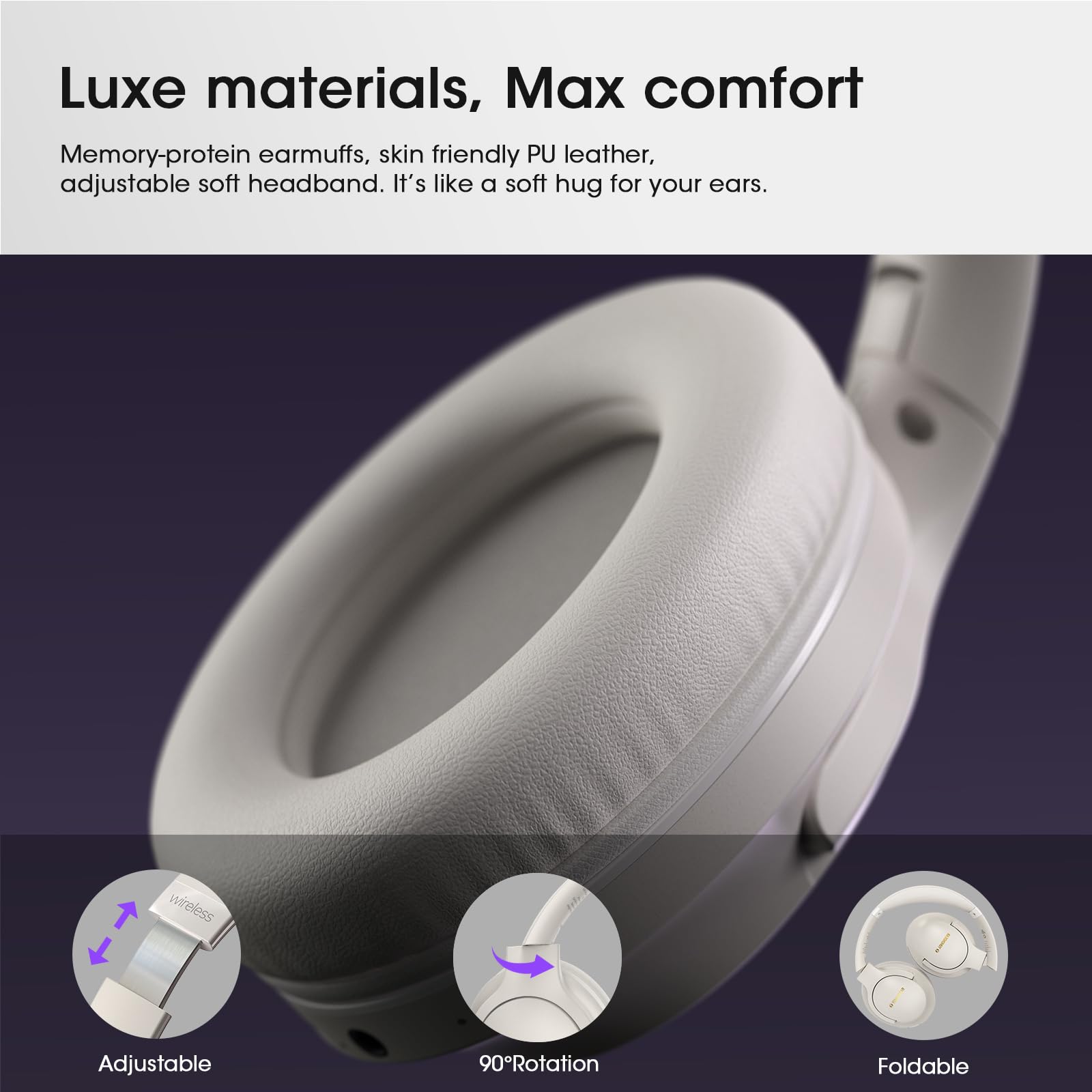 Wireless Bluetooth Over-Ear Headphones with 80H Playtime, HiFi Stereo, Deep Bass & Built-in Mic - 3 EQ Modes, Foldable Design for iPhone, PC, Travel, Workout & Home Office (Light Gray) - Perfect for Commuting, Gaming & Music Lovers
