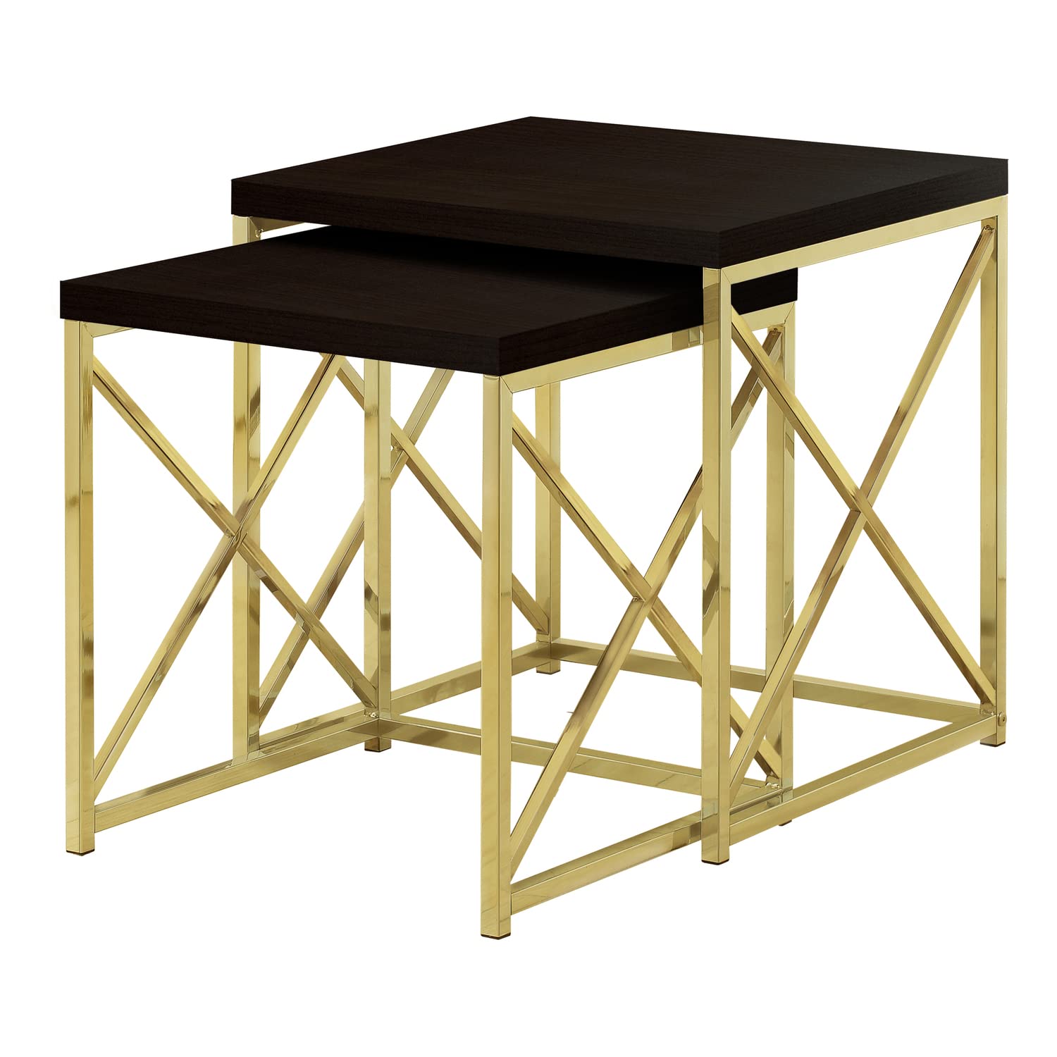 Monarch Specialties 2-Piece Cappuccino Brown Nesting Coffee Tables with Gold Metal Frame - Perfect for Living Room, Bedroom, or Office Decor
