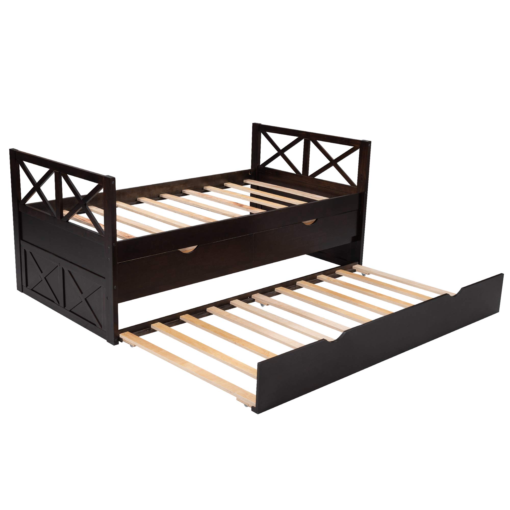 Twin Size Daybed with Drawers & Trundle - Rustic Wooden Storage Platform Bed for Kids & Teens, No Box Spring Needed, Multi-Functional Captain's Bed (Espresso) - Perfect for Guest Rooms, Dormitories & Small Spaces
