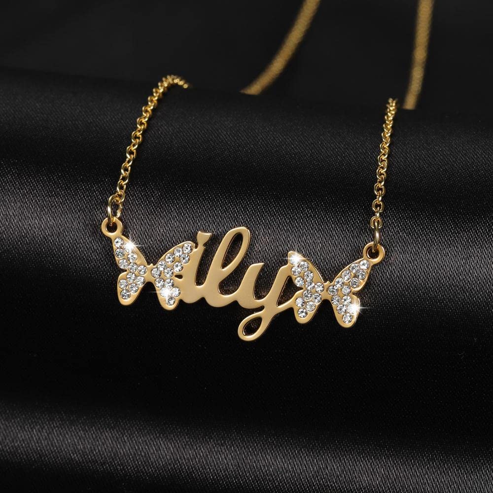 LOLOMATO Personalized Name Butterfly Pendant Necklace for Women - Custom Engraved Long Chain Jewelry Gift for Birthday, Anniversary & Valentine's Day