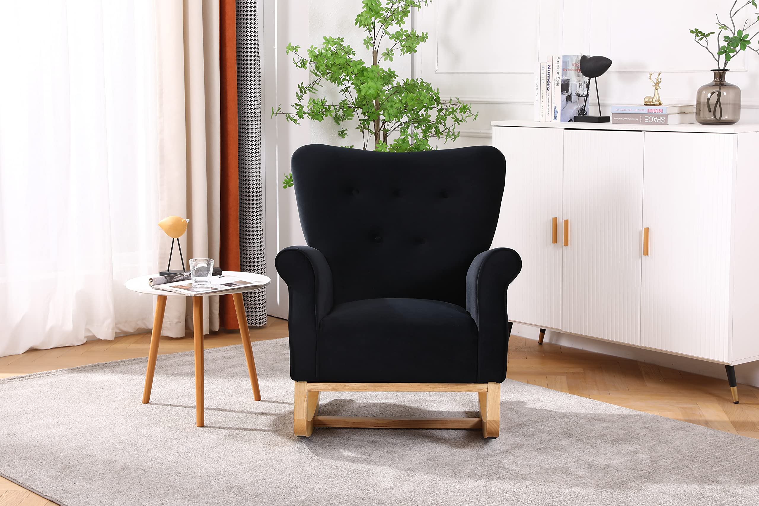 Nicbex High Back Rocking Chair - Velvet Upholstered Nursery Glider with Smooth Motion, Ergonomic Support for Breastfeeding & Baby Bonding - Perfect for Nursery, Bedroom & Living Room (Black)