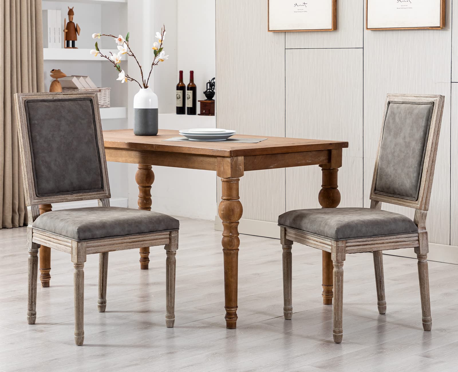 Kmax PU Leather Dining Chairs Set of 2 - French Farmhouse Style Square Back Chairs for Kitchen, Living Room & Dining Room - Comfortable Grey Seating for Home Decor & Entertaining