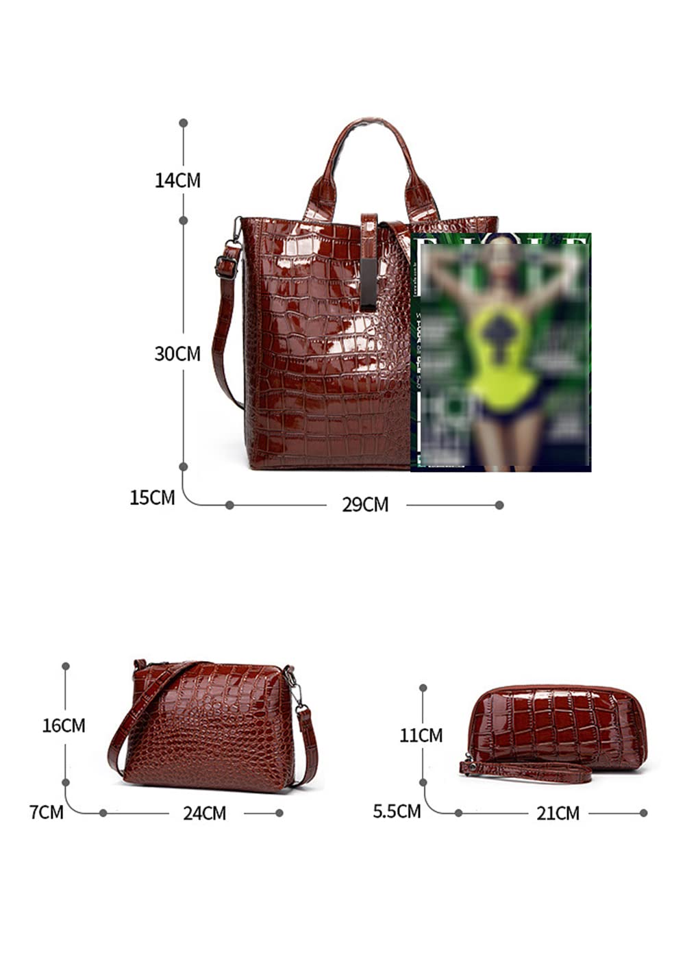 Stylish Women's Crocodile Embossed Tote Bag - Genuine Patent Leather Shoulder Bag with Matching Coin Purse | Perfect for Work, Travel & Everyday Fashion Accessory