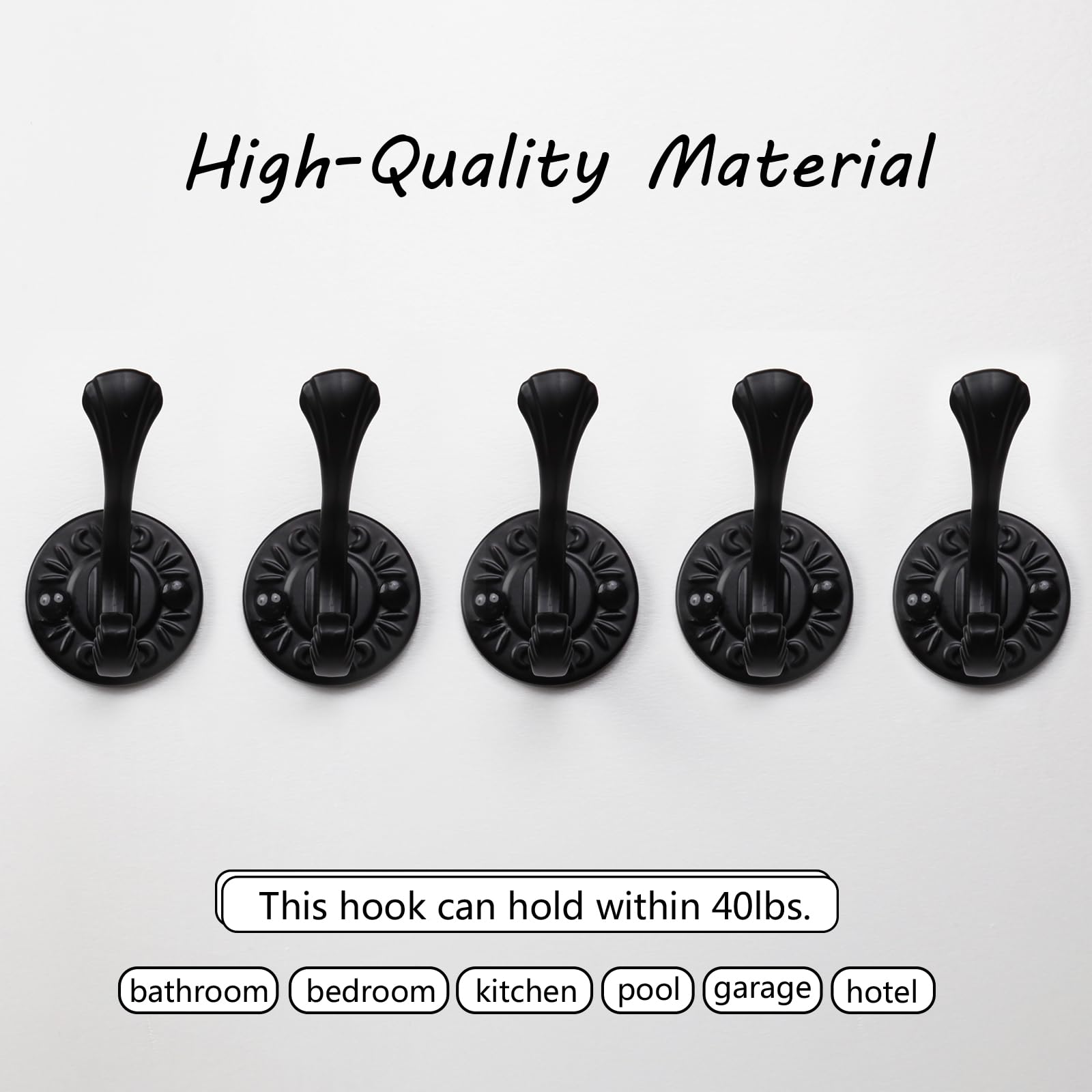5-Pack Matte Black Wall Mounted Coat Hooks - Heavy Duty Metal Farmhouse Entryway Hooks with Screws for Bathroom, Bedroom & Hallway - Perfect for Hanging Coats, Keys, Hats, Scarves, Robes & Bags - Rustic Home Decor & Space Saving Organization Solution