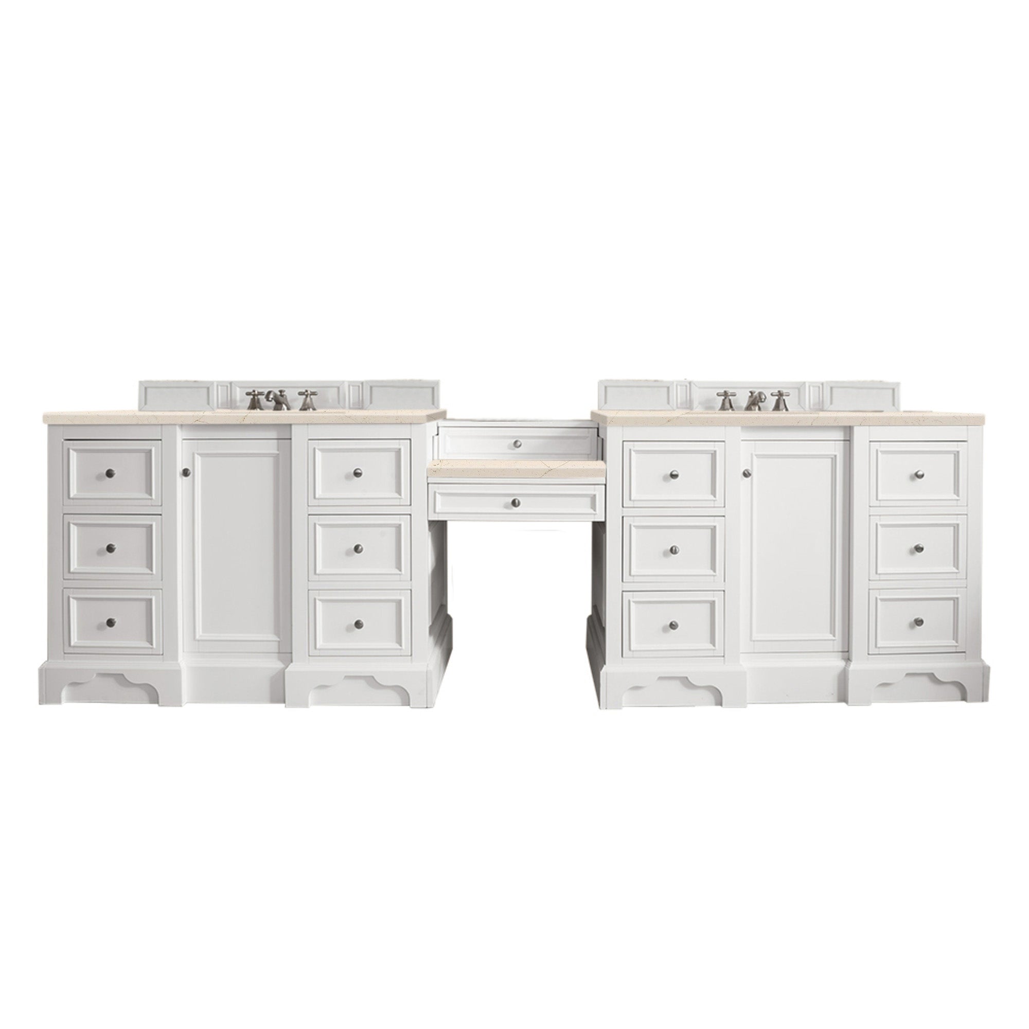 De Soto 118 Double Vanity Set with Makeup Table - Bright White Finish & 3CM Eternal Marfil Quartz Top - Perfect for Master Bathroom, Bedroom Dressing Area & Luxury Home Decor
