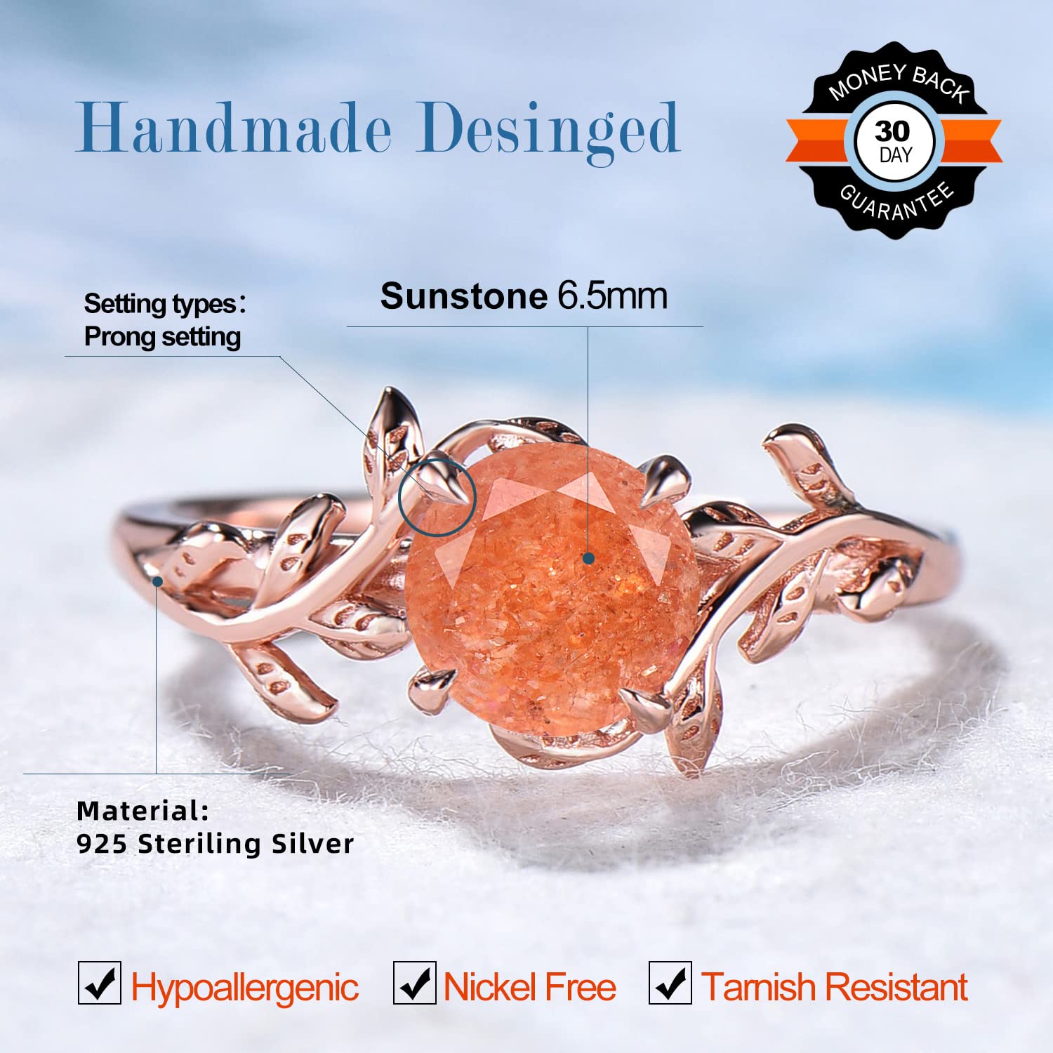 Sterling Silver Round Cut Sunstone Ring with Rose Gold Leaf - Orange Gemstone Engagement Ring for Women, Unique Handmade Birthday Jewelry Gift for Her, Size 4-10 with Gift Box | Perfect for Weddings, Anniversaries & Special Occasions