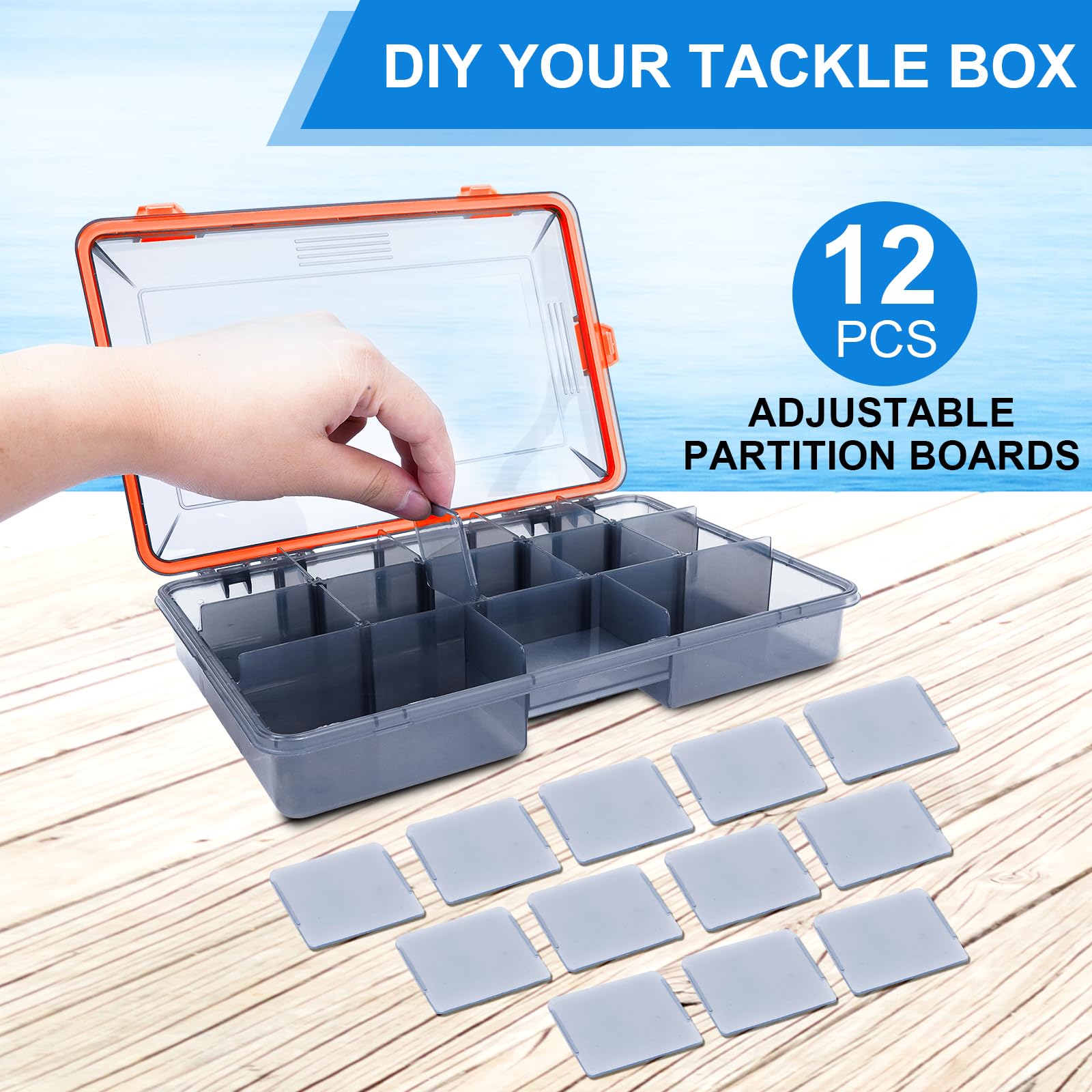 UCEC 3600 Tackle Box Organizer - Waterproof Plastic Fishing Tackle Storage with 12 Adjustable Dividers | Perfect for Bass, Trout & Saltwater Fishing Gear Organization | Great for Boat, Shore & Ice Fishing Trips