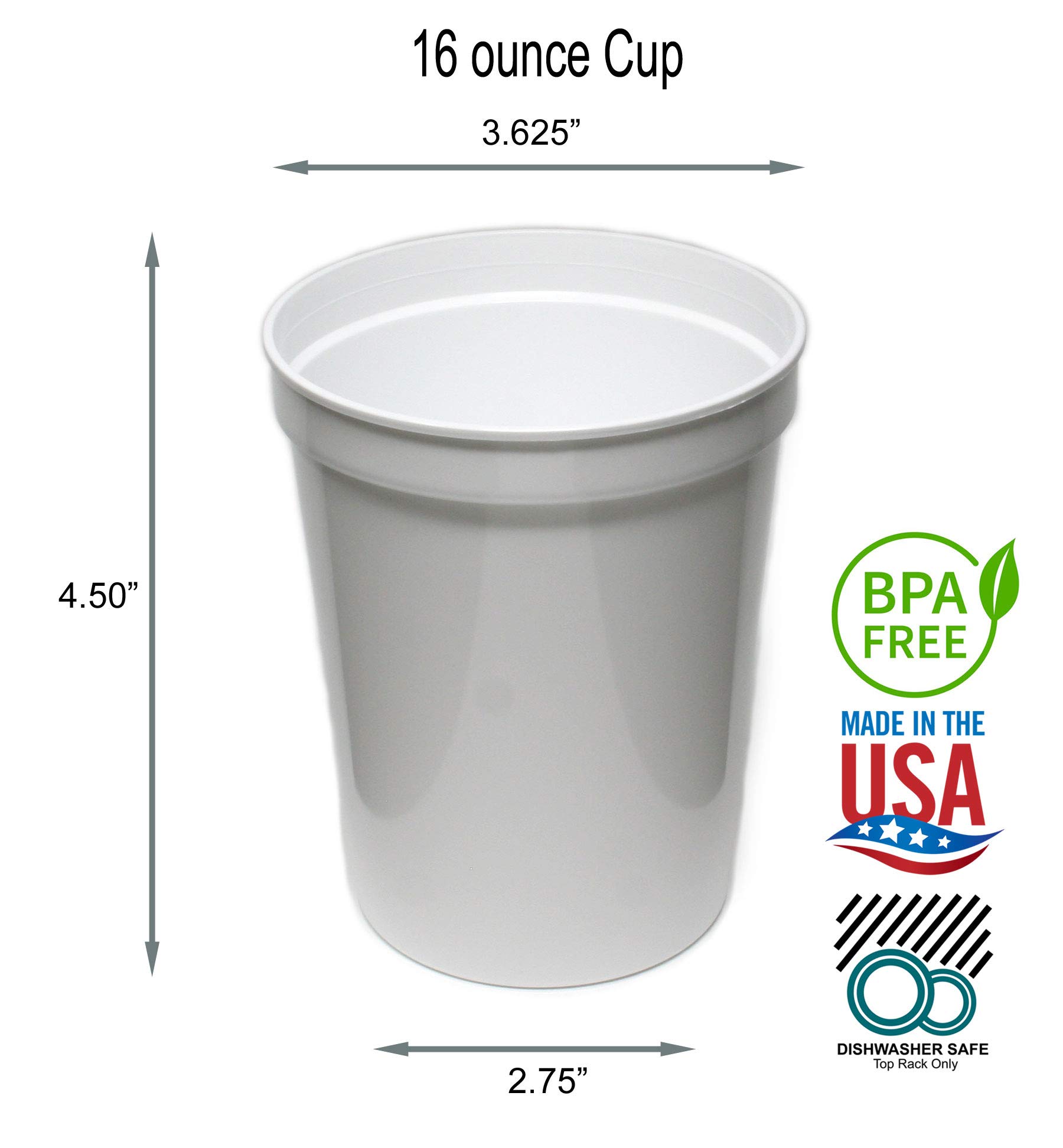 Rolling Sands 16 oz. Reusable Plastic Stadium Cups - 8 Pack BPA-Free Dishwasher Safe Tumblers - Made in USA - White - Perfect for Parties, BBQs, Sports Events & Outdoor Gatherings