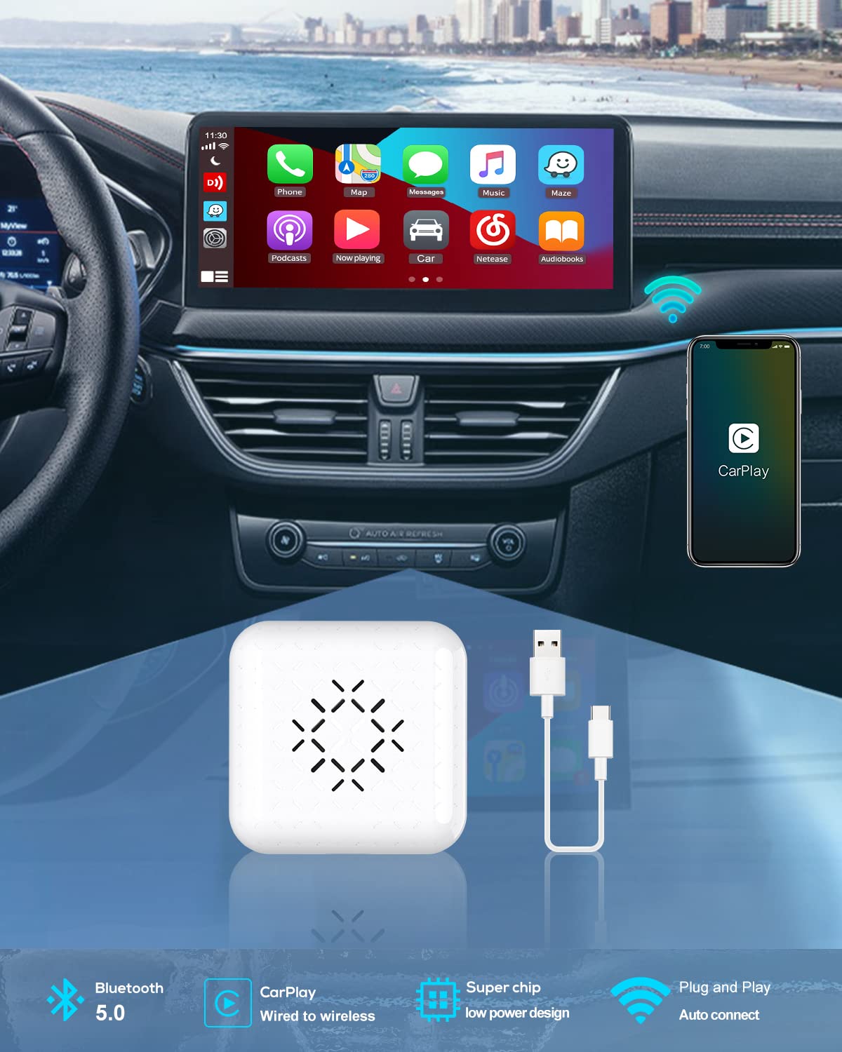 CarlinKit 3.0 Mini Wireless CarPlay Adapter - Convert Wired to Wireless CarPlay for iPhone iOS 10+ (2016+ Cars) | Seamless Music Streaming & Hands-Free Calling for Safer Driving