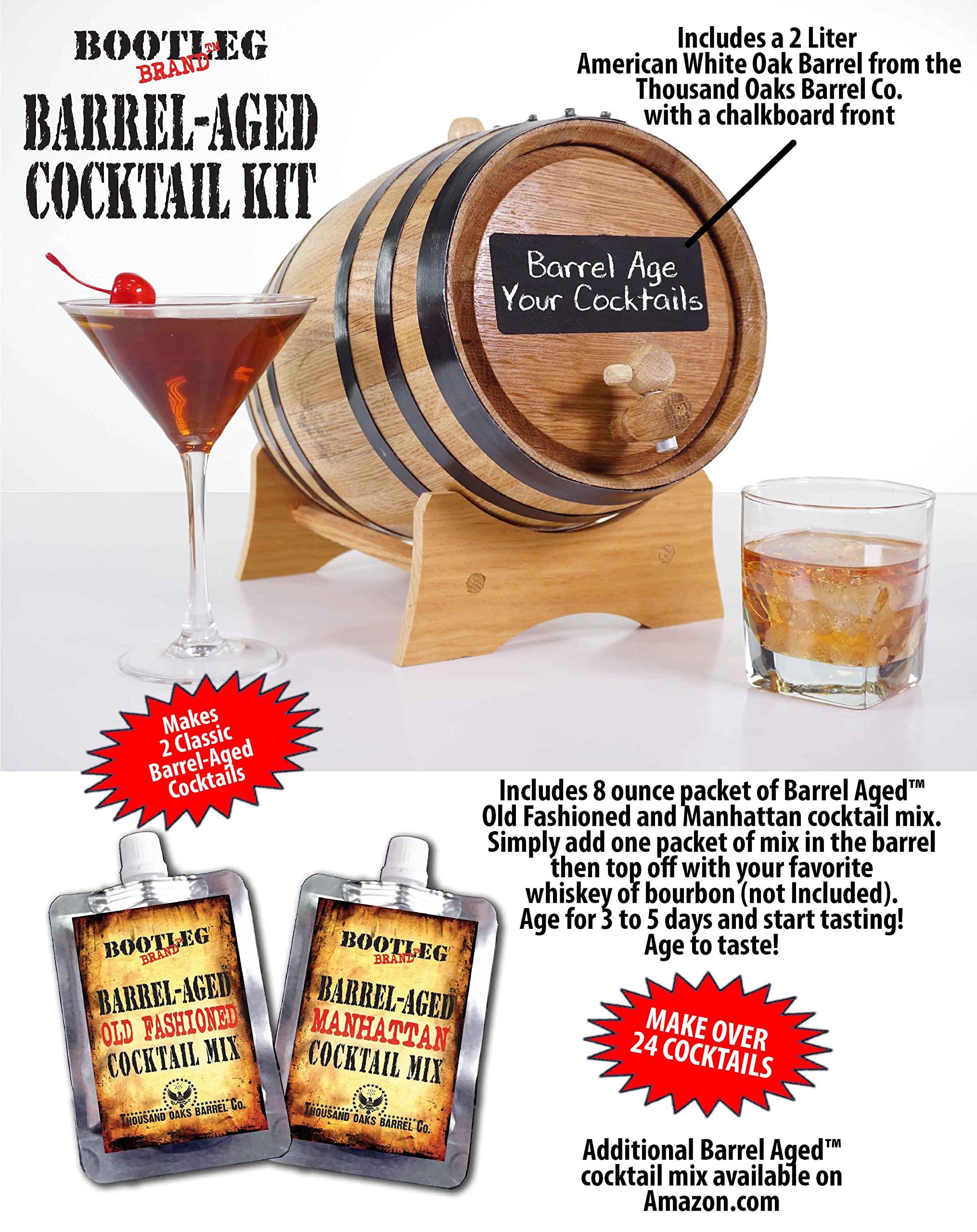 2L Whiskey Barrel Cocktail Aging Kit - Mini Oak Bourbon Barrel with Chalkboard Front, Stand, Spigot & Cocktail Mix - Perfect for Home Bar, Whiskey Making & Unique Gifts for Men - DIY Cocktail Infusion & Bourbon Aging Set for Whiskey Lovers
