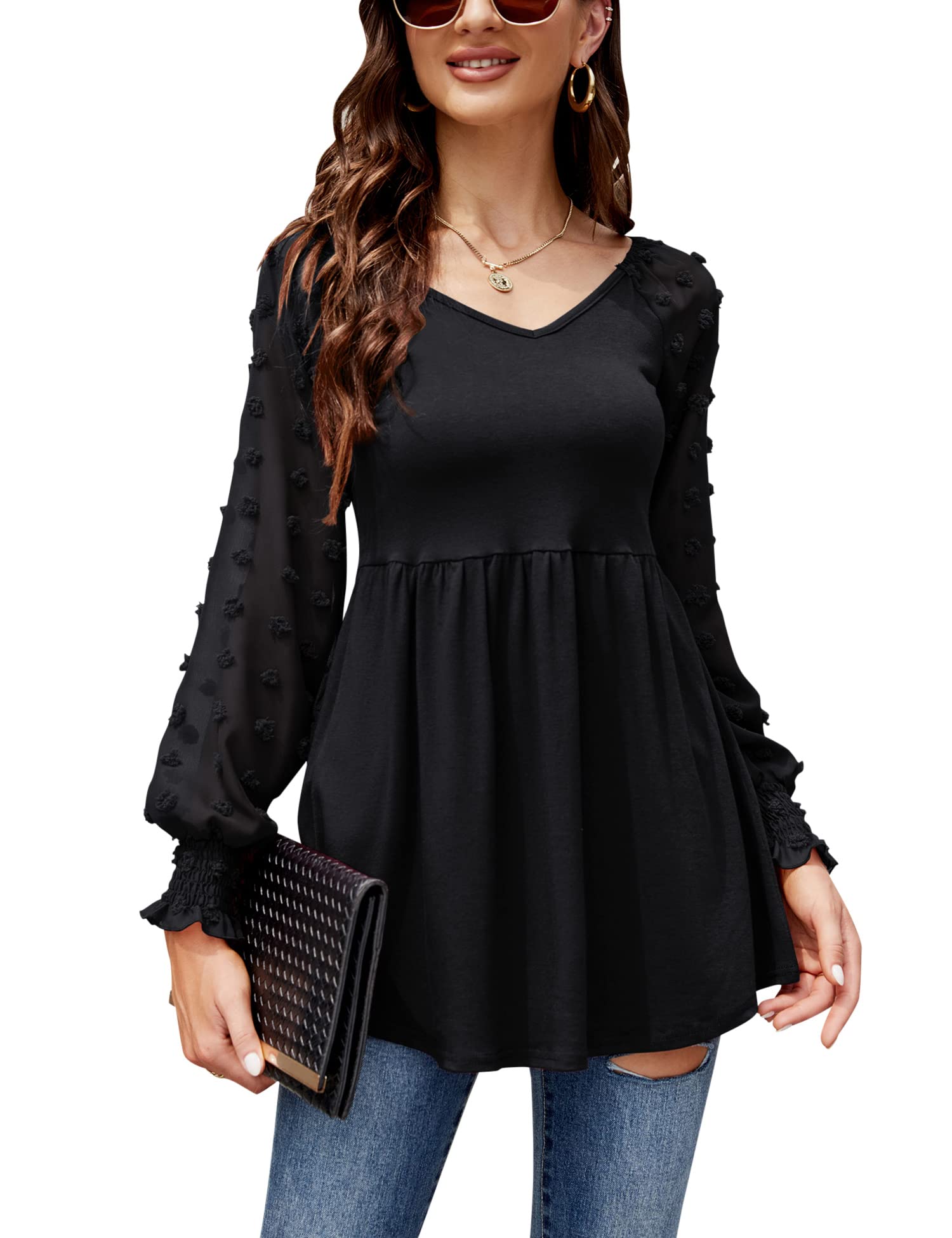 LOMON Women's Casual Puff Sleeve V-Neck Tunic Top with Pleated Flare & Smocked Cuffs - Sizes S-XXL | Perfect for Work, Date Night & Everyday Wear