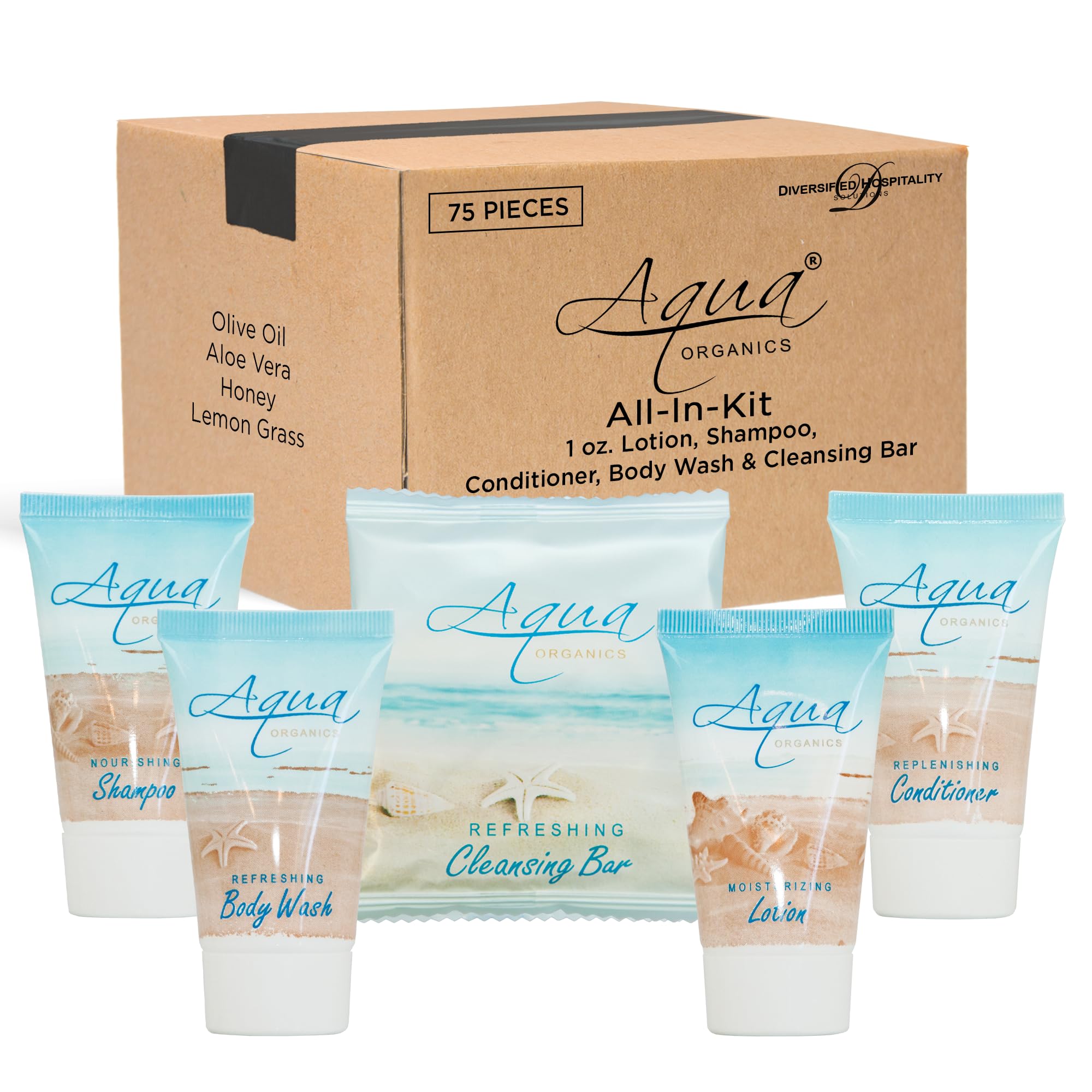 75-Piece 1oz Travel-Sized Hotel Shampoo, Conditioner, Body Wash & Lotion Set with 100 Bar Soaps | Aqua Organics Natural Toiletries for Hotels, Gyms & Travel Essentials