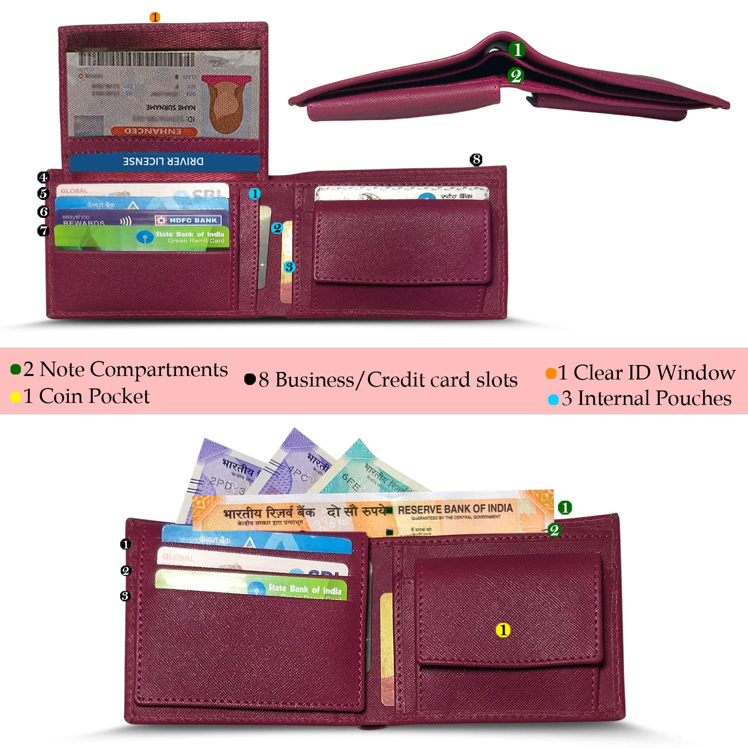 Genuine Safiano Leather Unisex Bifold Wallet for Men & Women - Slim RFID Blocking Credit Card Holder - Maroon | Perfect for Everyday Use, Travel & Gift Giving