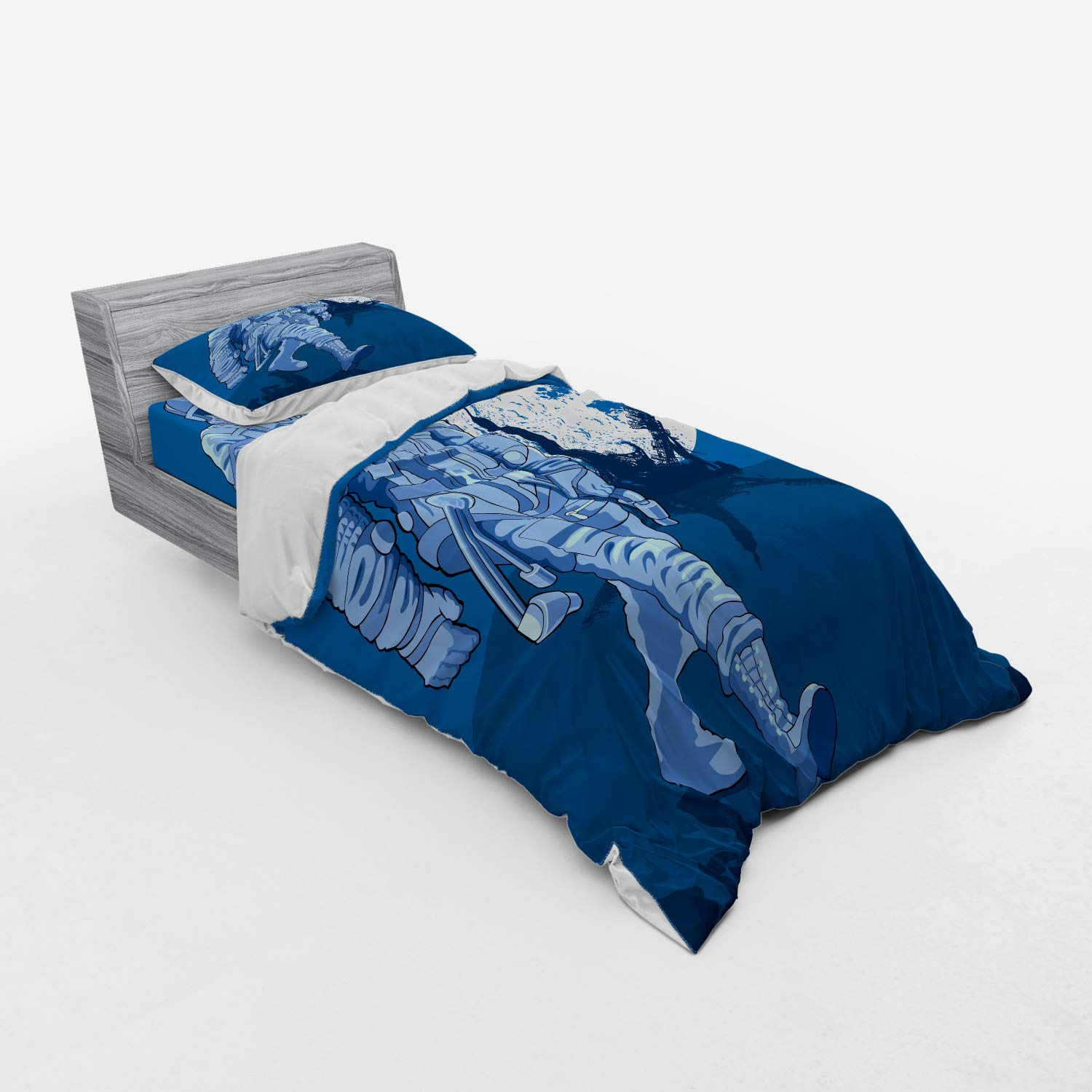 Ambesonne Astronaut Bedding Set - 3 Piece Duvet Cover with Sham & Fitted Sheet, Twin Size, Night Blue White - Space Adventure Moon Walk Theme - Perfect for Kids' Rooms, Space-Themed Bedrooms & Sci-Fi Decor