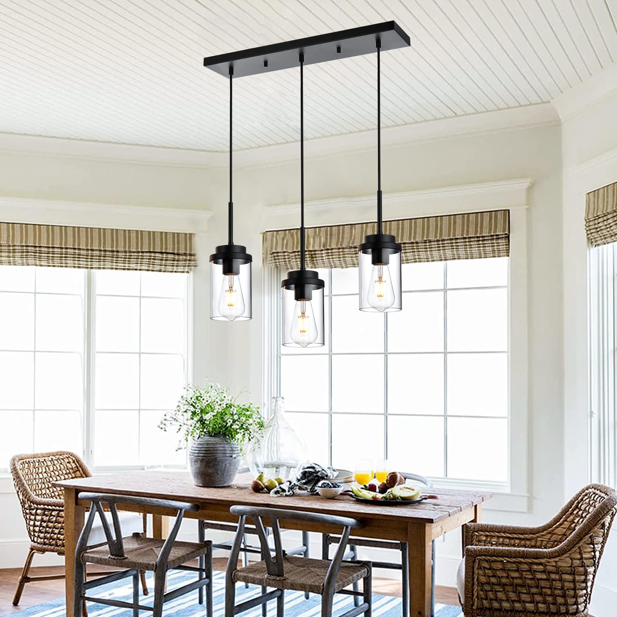 MELUCEE 3-Light Black Linear Chandelier - 20.5 Inch Modern Pendant Lighting for Kitchen Island, Dining Room, and Ceiling - Clear Glass Shade for Elegant Home Decor | Perfect for Contemporary Spaces and Open-Concept Living Areas