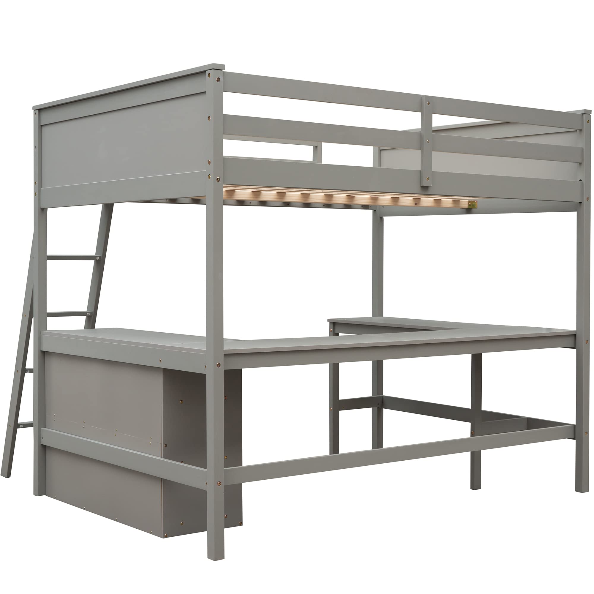 Full Size Loft Bed with Desk & Shelves - Space-Saving Wooden Bed for Kids Teens Adults - Perfect for Small Rooms & Dorms (Gray)