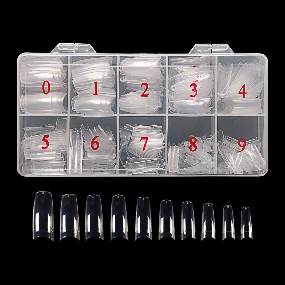 FAMEZA Clear Acrylic Nail Tips - 200 Pcs Natural Fake Nails in 10 Sizes with Storage Box - Perfect for Nail Salon, DIY Manicure & Home Nail Art