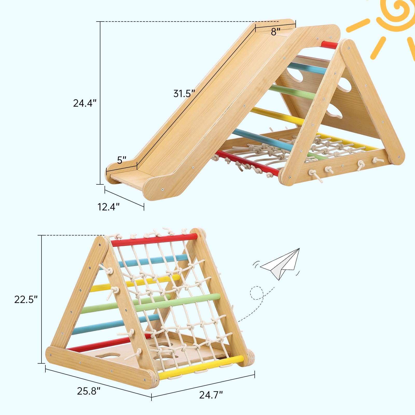 GARVEE 2-in-1 Wooden Climbing Toys for Toddlers - 3-Sided Triangle Climber with Climbing Net, Slide Ramp & Sandbags - Indoor Gym Playset for Boys & Girls - Perfect Gift for Home, Daycare & Preschool Play Areas