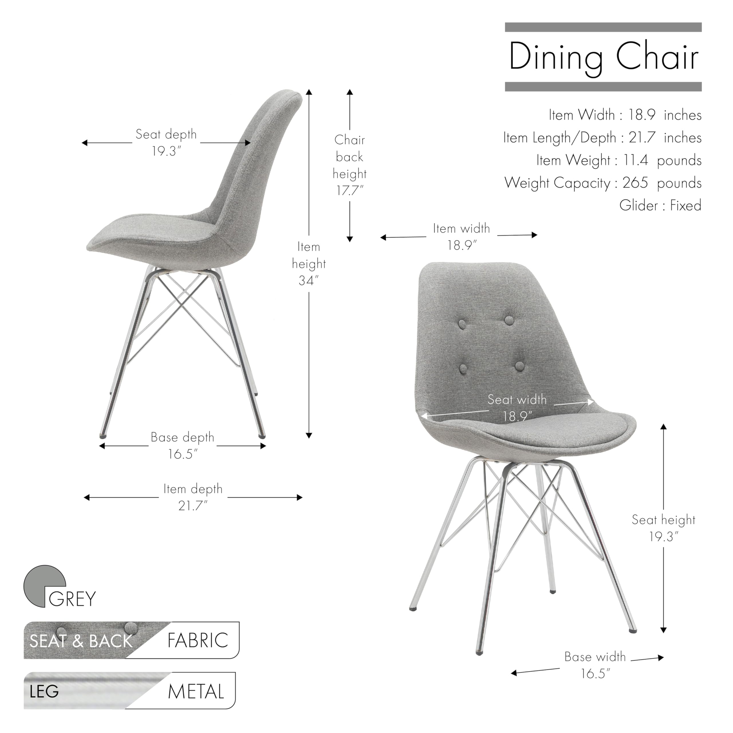 Porthos Home Modern Upholstered Dining Chair - Chrome Metal Legs & Stylish Fabric - Perfect for Living Room, Dining Room & Kitchen Furniture - Comfortable Seating for Family Gatherings & Dinner Parties