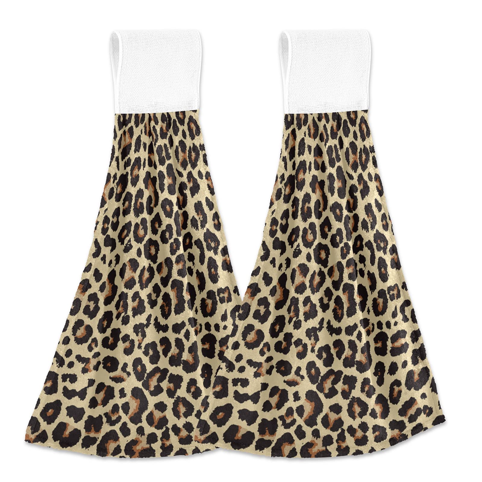 Bolaz Cheetah Leopard Print Hanging Kitchen Towels - 2 Pack Super Absorbent Hand Towels for Bathroom, Laundry & Kitchen - 12 x 17 Inches - Perfect for Drying Dishes, Wiping Counters & Decorating