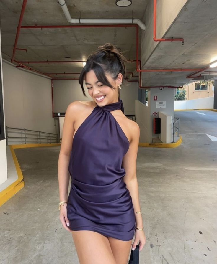 Elegant Purple Satin Halter Short Dress - J6703 for Birthday Parties, Night Out, and Special Occasions