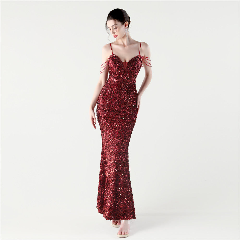 2025 New Sequin Beaded Party Wedding Dinner Dress - Slim Fitting Long Evening Gown for Prom, Bridesmaid & Formal Events