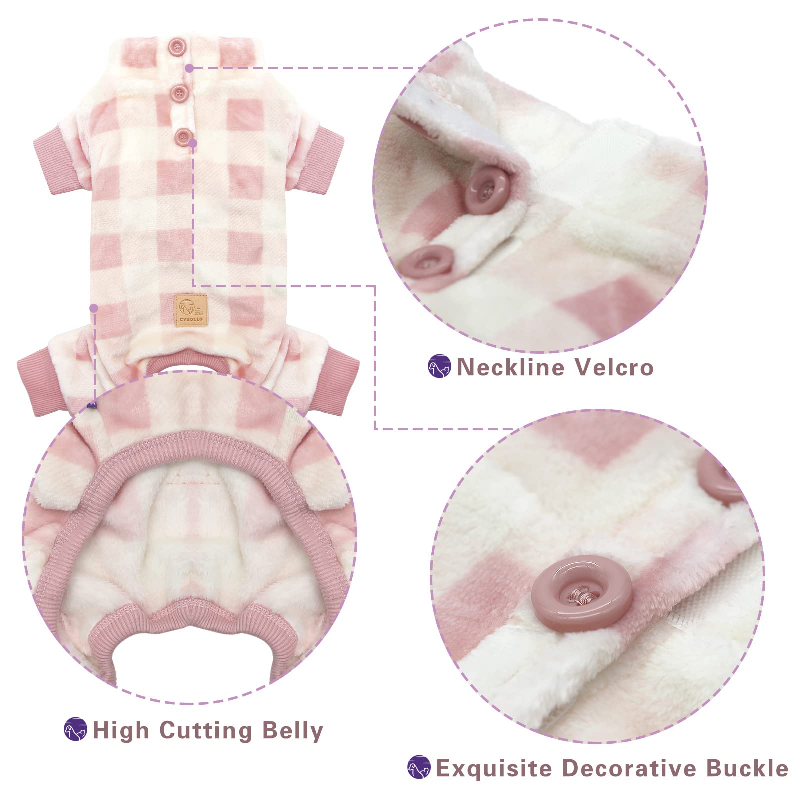 Cyeollo Plaid Dog Pajamas - Thermal Winter Dog Onesie with Buffalo Print, Flannel Dog Pjs for Small Dogs - Cozy Pink Dog Jumpsuit for Indoor Lounging & Outdoor Walks