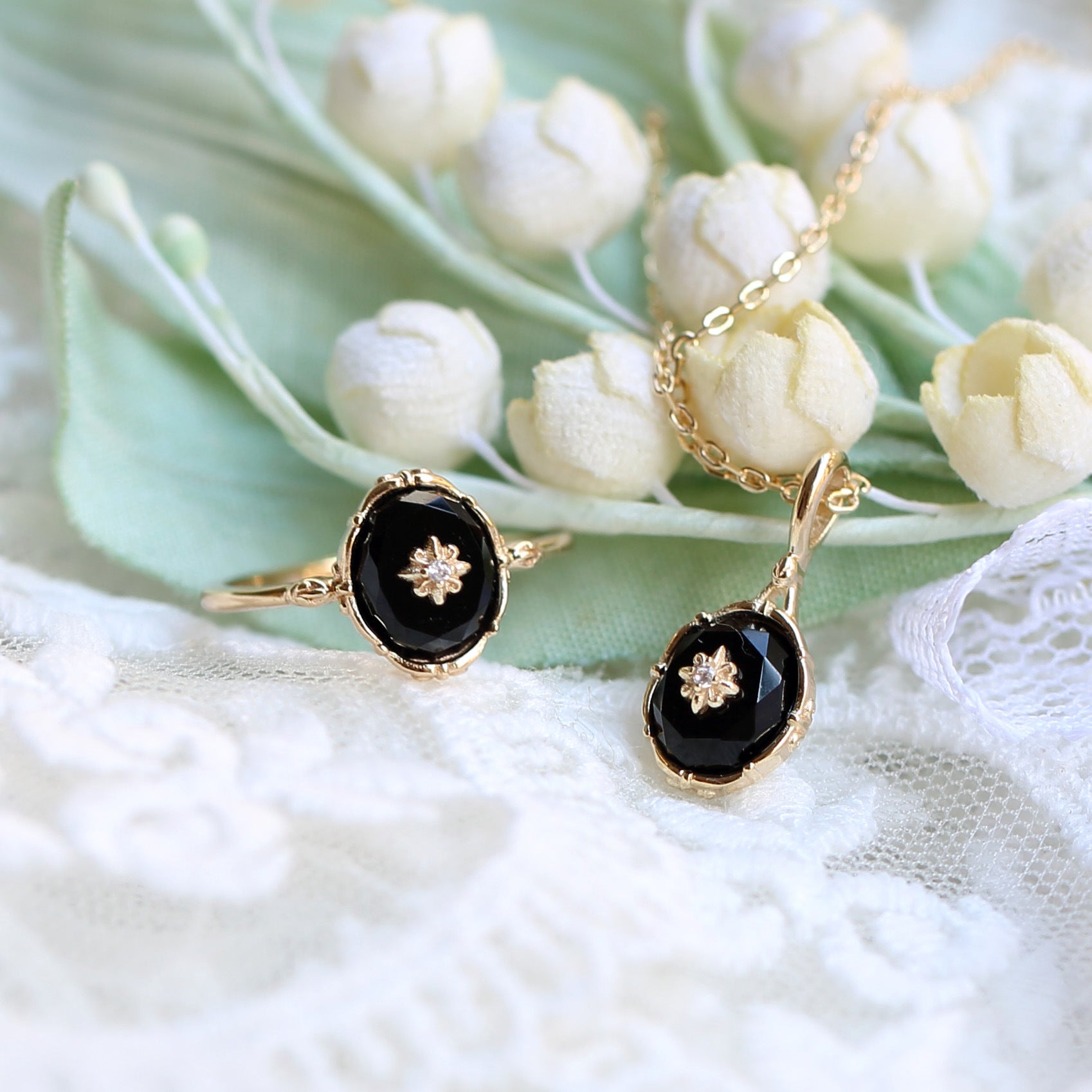 Vintage Black Agate Celestial Ring and Pendant Set - Elegant Jewelry for Women | Perfect for Gifts, Parties & Spiritual Healing | HJZB 378