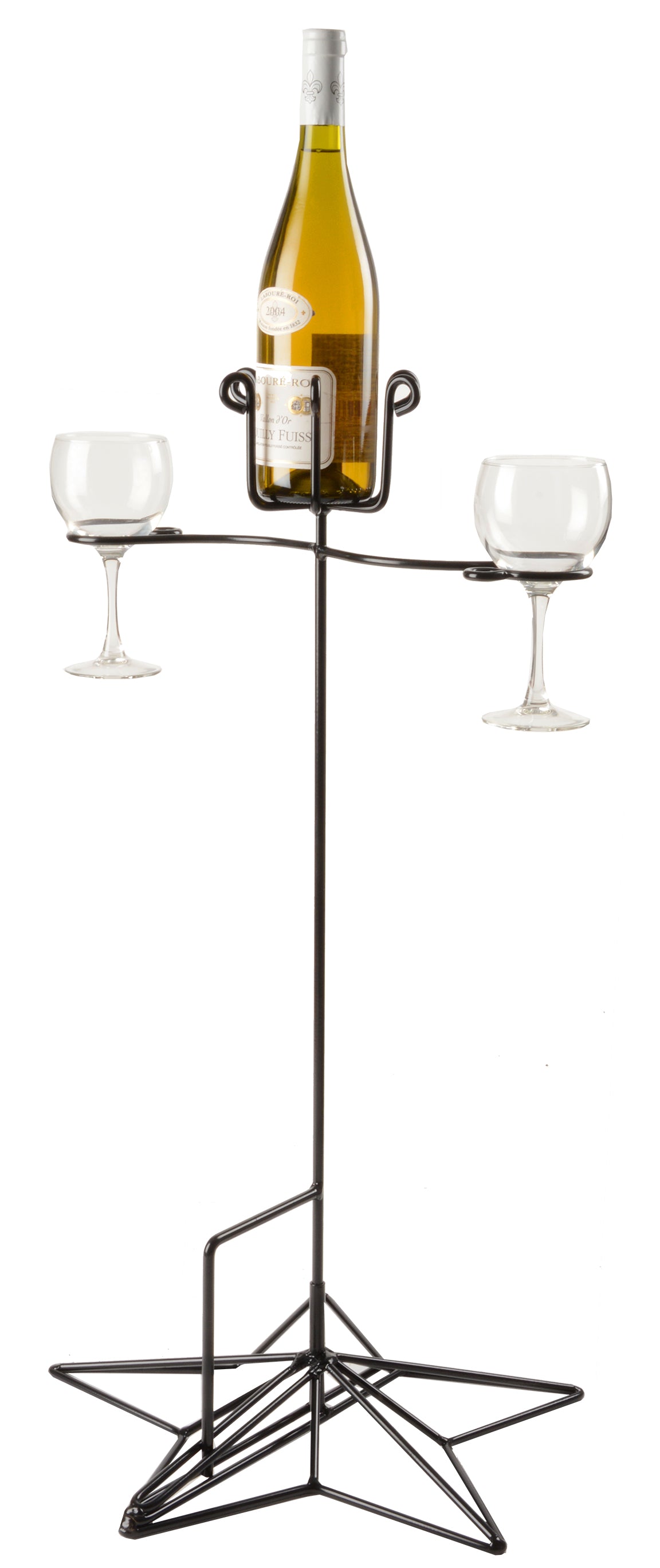 Premium Wrought Iron Wine Bottle & Glass Holder with Powder Coated Finish - Outdoor Wine Rack for Patio, Garden & Backyard Entertaining - Made in USA
