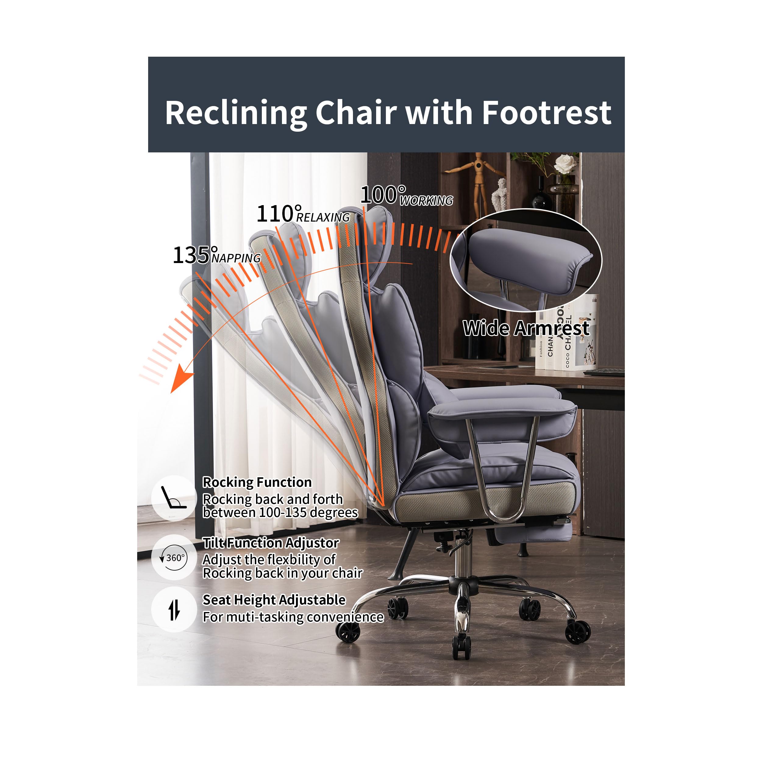Efomao Big and Tall Office Chair 400LBS Capacity - Heavy Duty Executive Chair with Adjustable Footrest - Ergonomic Home Office Desk Chair for Large People - Purple Big & Tall Computer Chair for Work, Gaming, and Study